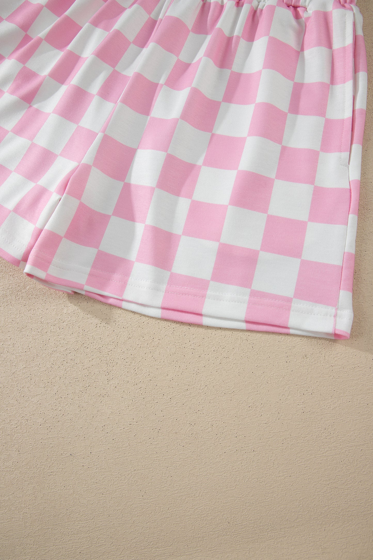Pink Checkered Print Color Block Trim Mock Neck Short Set-Two Piece Sets/Short Sets-[Adult]-[Female]-2022 Online Blue Zone Planet