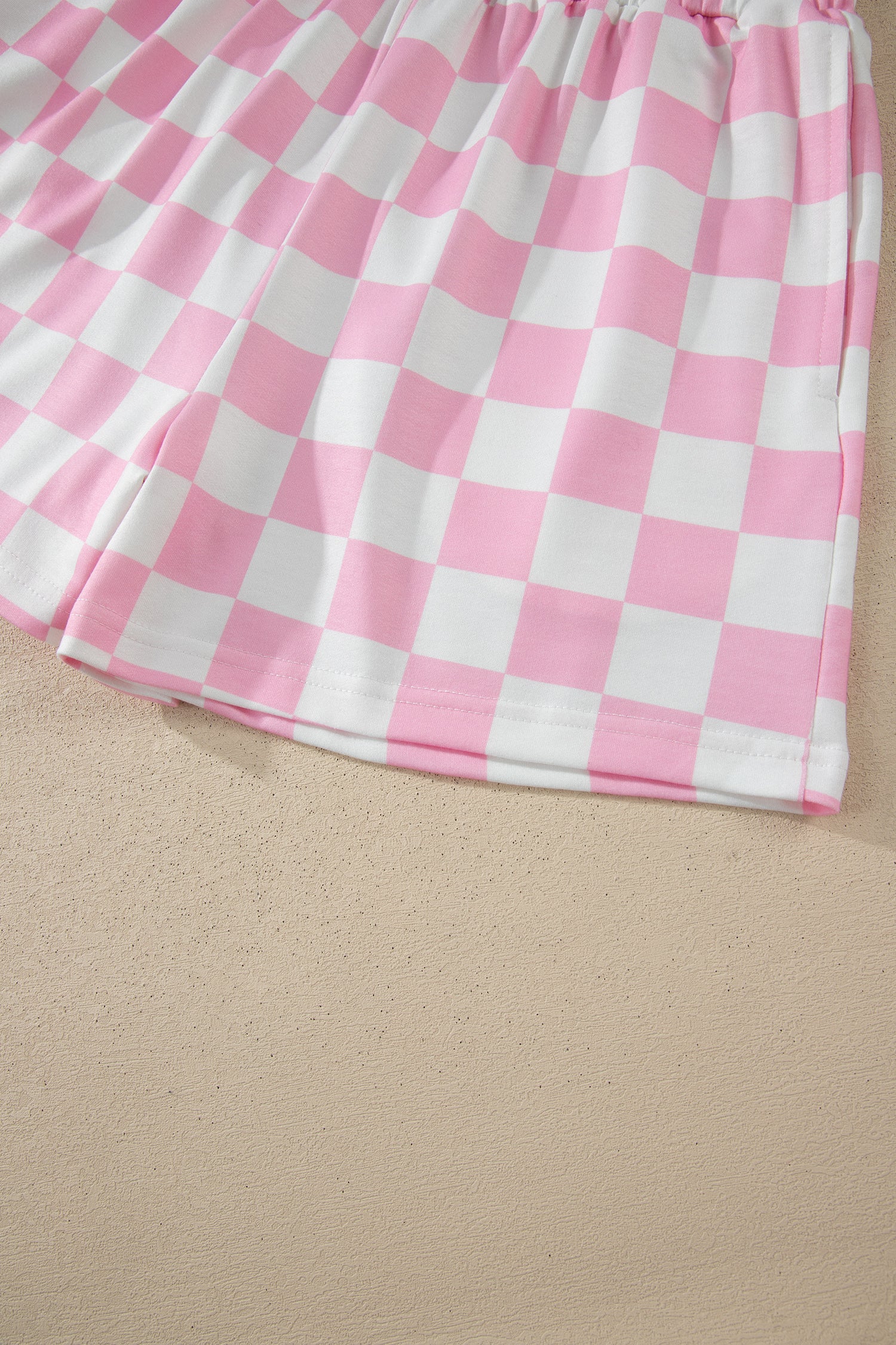 Pink Checkered Print Color Block Trim Mock Neck Short Set-Two Piece Sets/Short Sets-[Adult]-[Female]-2022 Online Blue Zone Planet