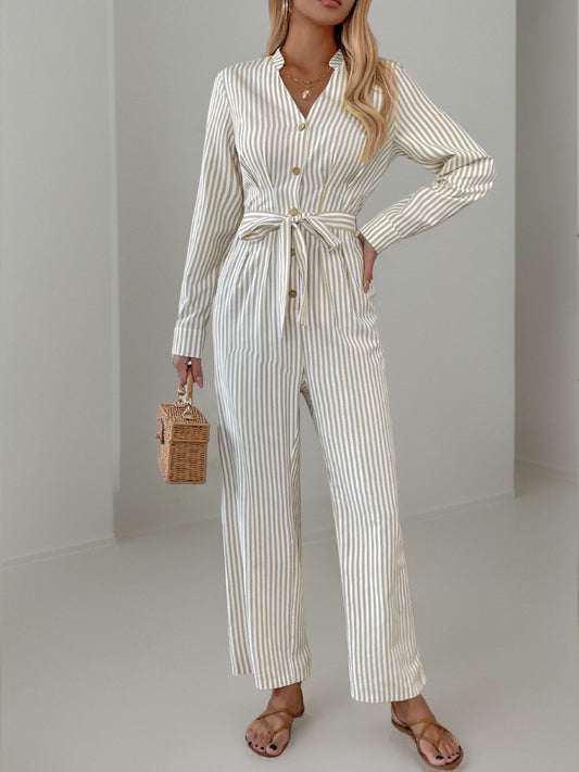 Striped Notched Long Sleeve Tie Waist Jumpsuit-TOPS / DRESSES-[Adult]-[Female]-Beige-S-2022 Online Blue Zone Planet