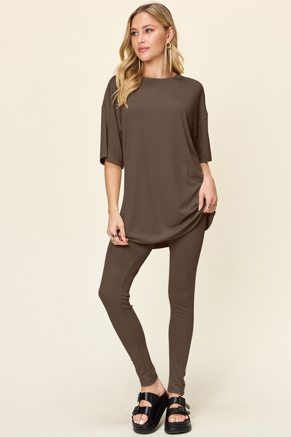 Double Take Full Size Round Neck Dropped Shoulder T-Shirt and Leggings Set-TOPS / DRESSES-[Adult]-[Female]-2022 Online Blue Zone Planet