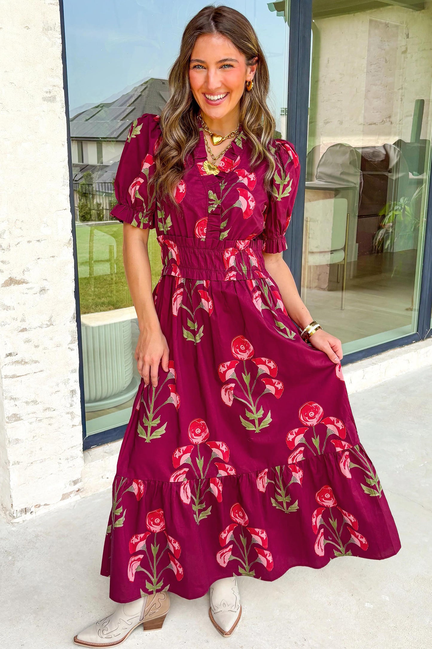 Red Floral Print Frilled V Neck Short Sleeve Ruffle Maxi Dress-Maxi Dresses-[Adult]-[Female]-2022 Online Blue Zone Planet