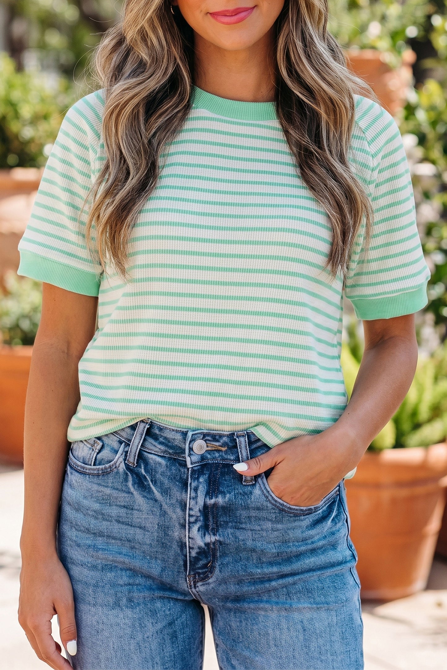 Green Stripe Colorblock Trim Round Neck Short Sleeve Tee-Tops/Tops & Tees-[Adult]-[Female]-2022 Online Blue Zone Planet