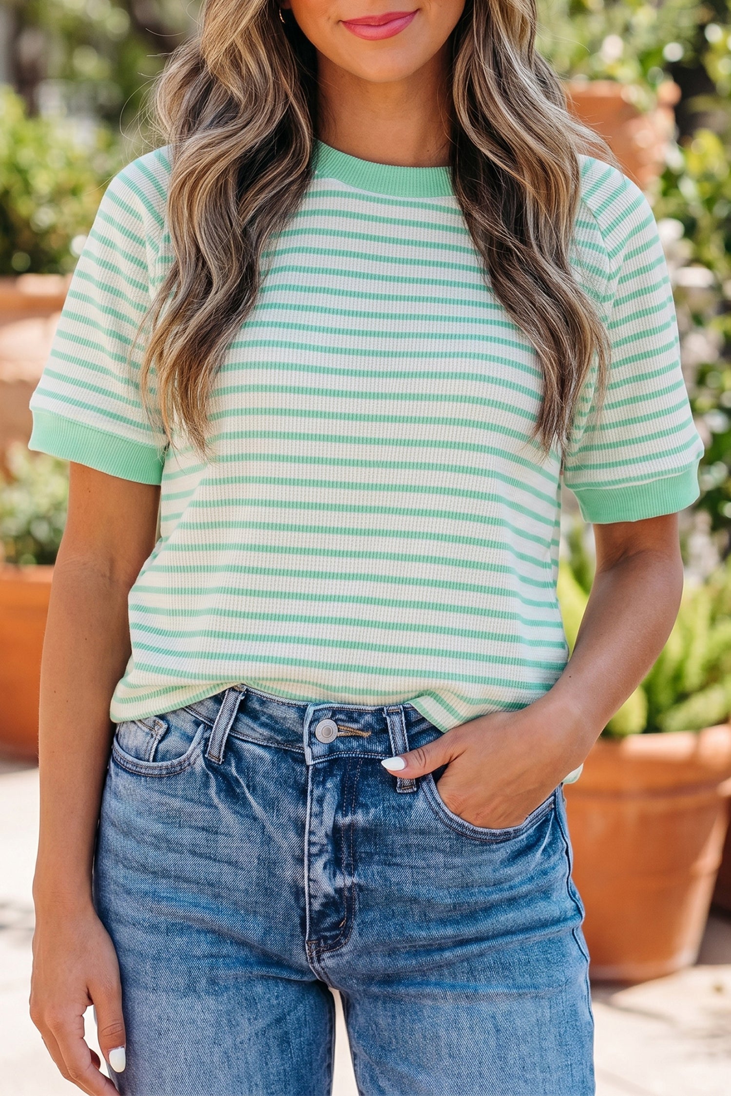 Green Stripe Colorblock Trim Round Neck Short Sleeve Tee-Tops/Tops & Tees-[Adult]-[Female]-2022 Online Blue Zone Planet