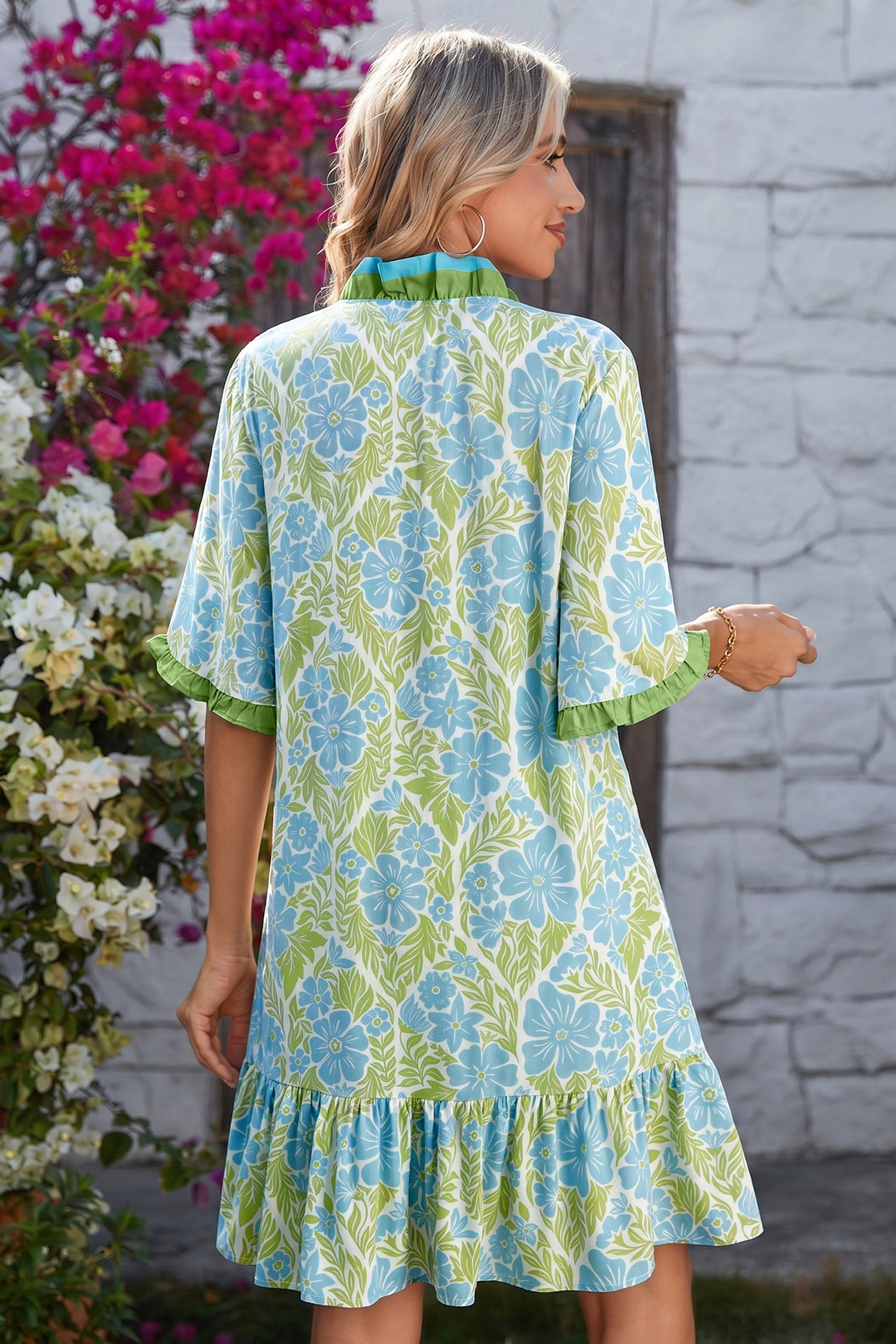 Sky Blue Botanical Floral Print Frilled Trim V Neck Button Front Loose Dress-Dresses/Floral Dresses-[Adult]-[Female]-2022 Online Blue Zone Planet