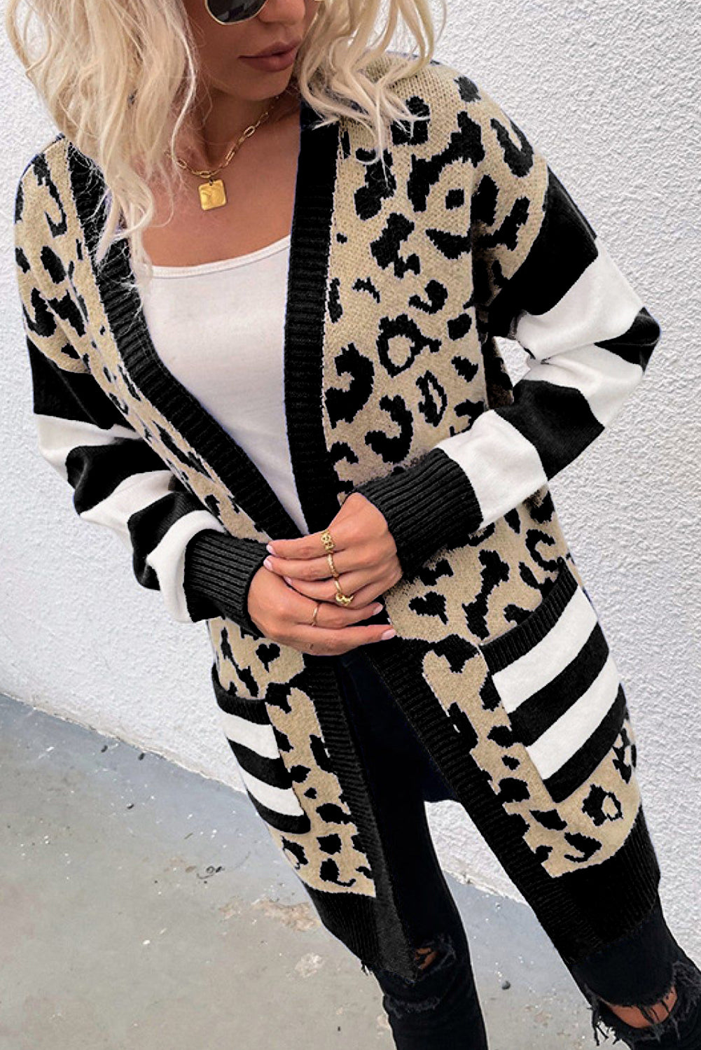 Black Stripe Sleeve Leopard Print Open Front Cardigan With Pockets-Sweaters & Cardigans/Cardigans-[Adult]-[Female]-2022 Online Blue Zone Planet