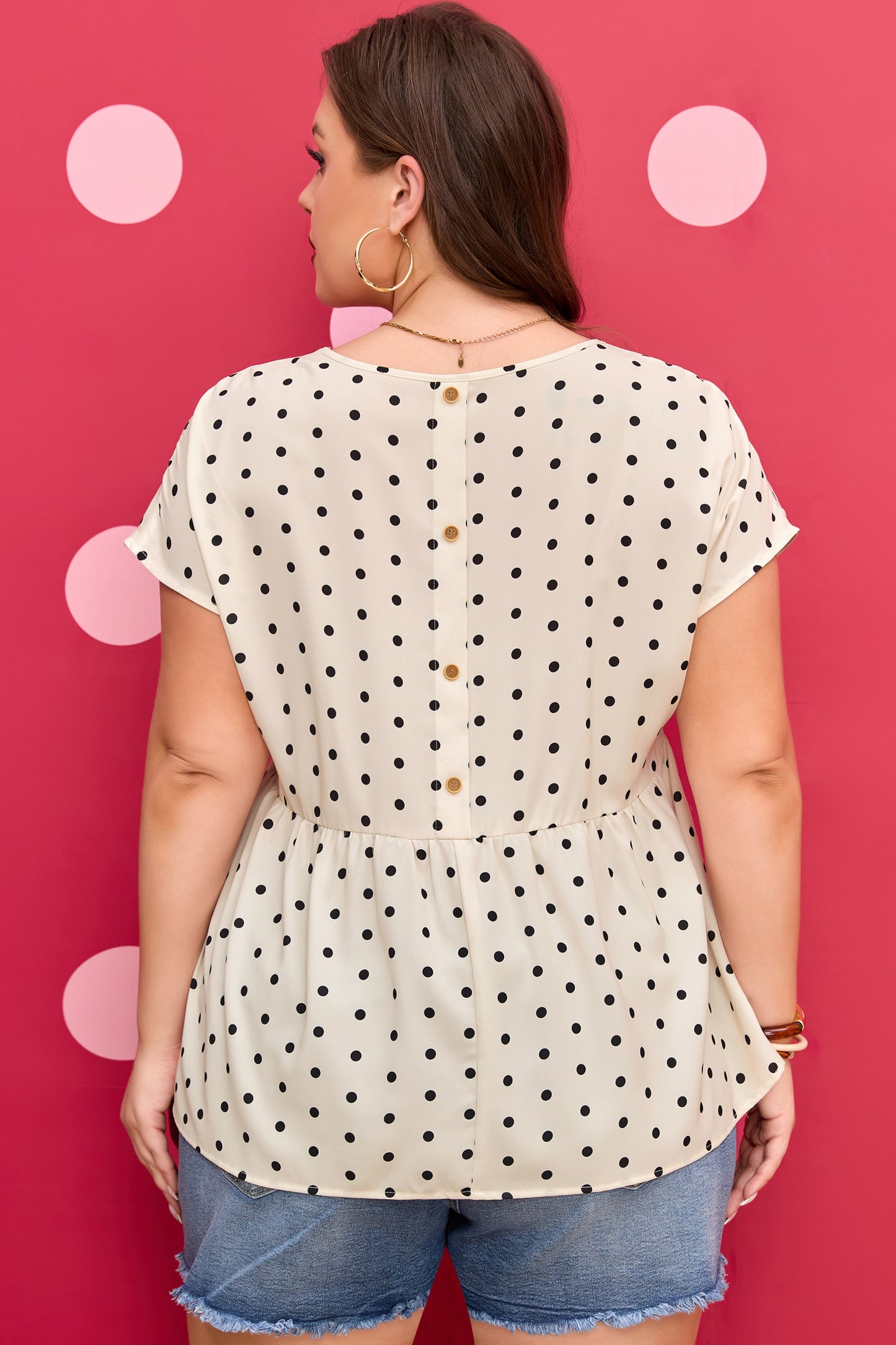 Apricot Plus Size Polka Dot Print Button Detail Short Sleeve Babydoll Blouse-Plus Size/Plus Size Tops/Plus Size Blouses & Shirts-[Adult]-[Female]-2022 Online Blue Zone Planet