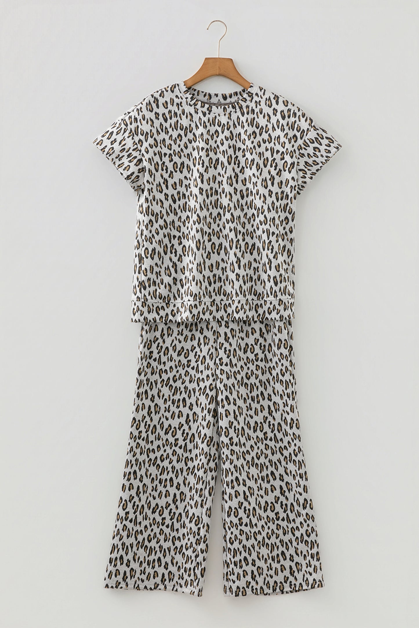 Beige Leopard Print Casual Tee and Pants 2pcs Outfit-Two Piece Sets/Pant Sets-[Adult]-[Female]-2022 Online Blue Zone Planet