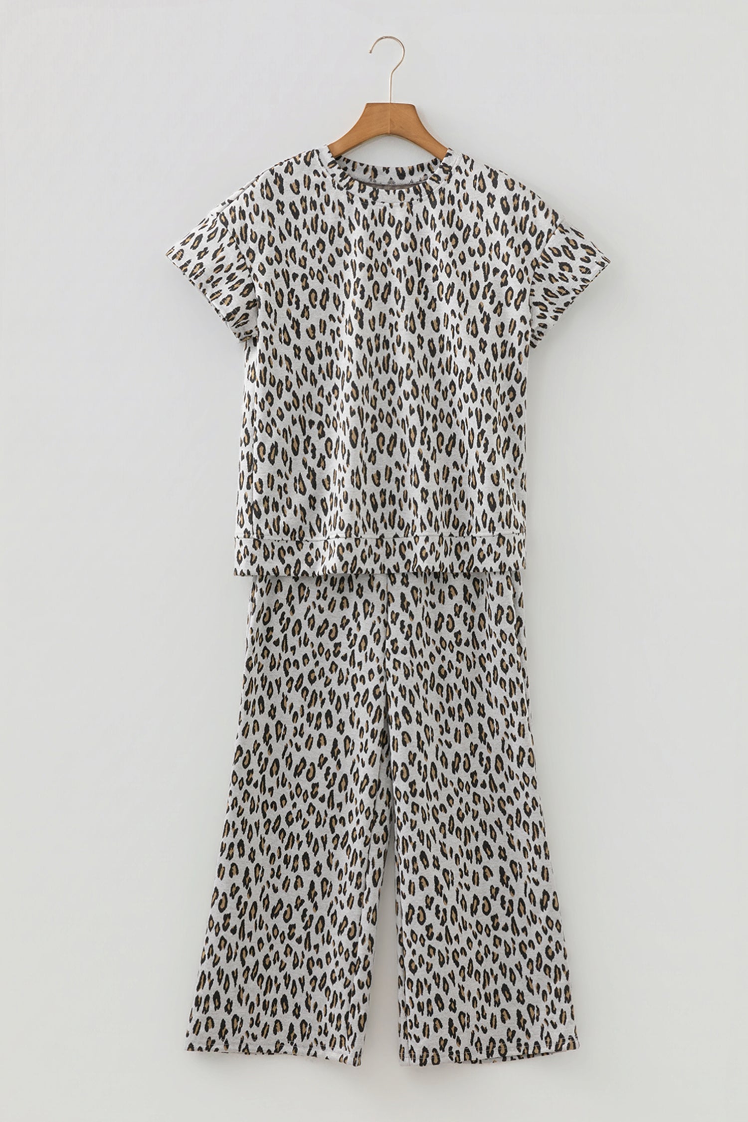 Beige Leopard Print Casual Tee and Pants 2pcs Outfit-Two Piece Sets/Pant Sets-[Adult]-[Female]-2022 Online Blue Zone Planet