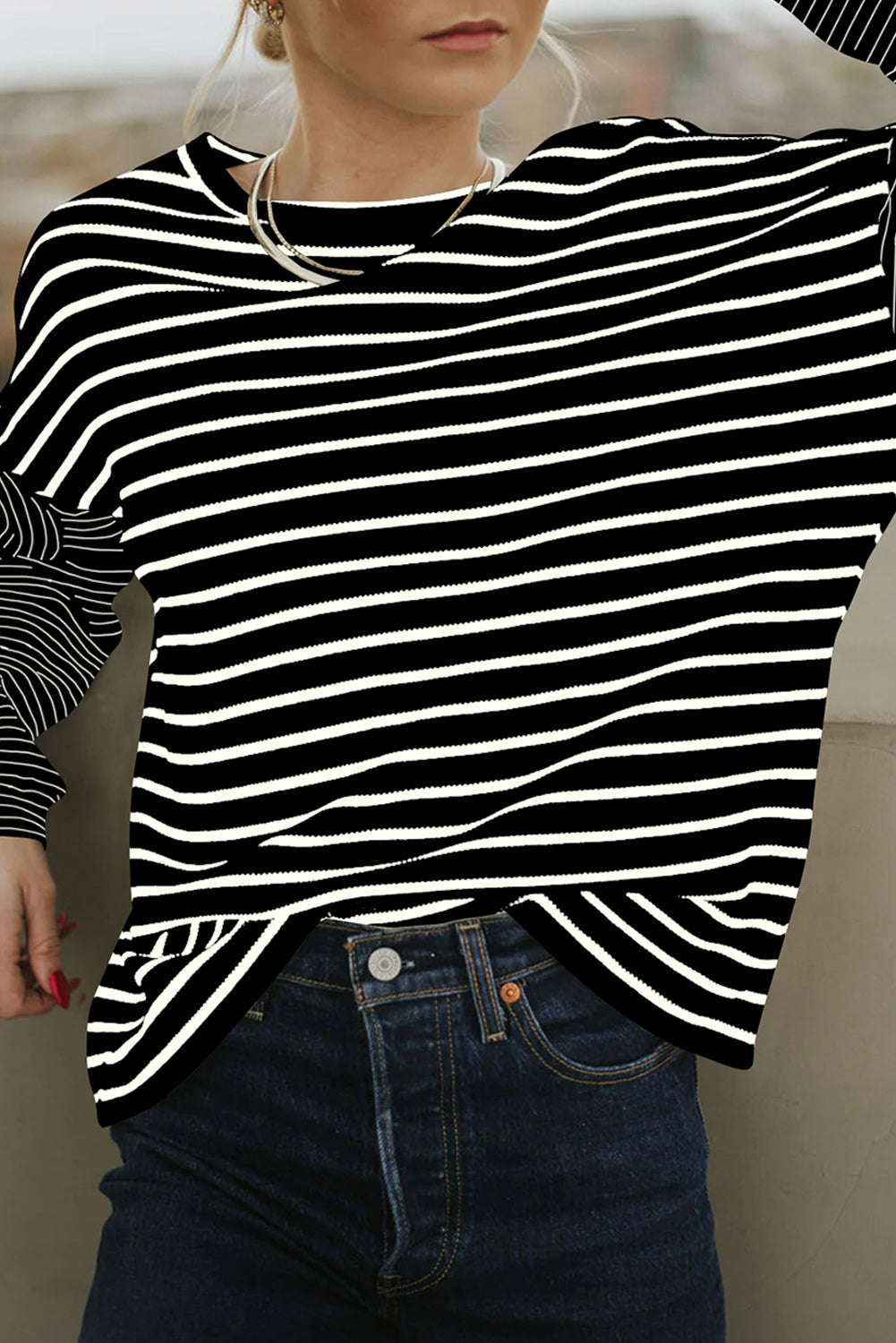 Blue Zone Planet | Black Striped Patchwork Loose Long Sleeve Tee-TOPS / DRESSES-[Adult]-[Female]-Black Stripe-S-2022 Online Blue Zone Planet