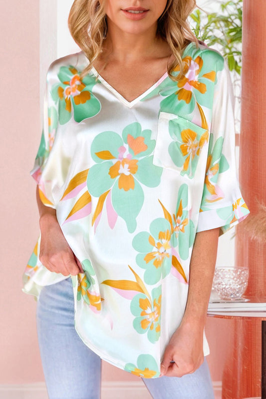 Green Floral Print Loose Fit V Neck Half Sleeve Blouse-Tops/Blouses & Shirts-[Adult]-[Female]-Green-S-2022 Online Blue Zone Planet