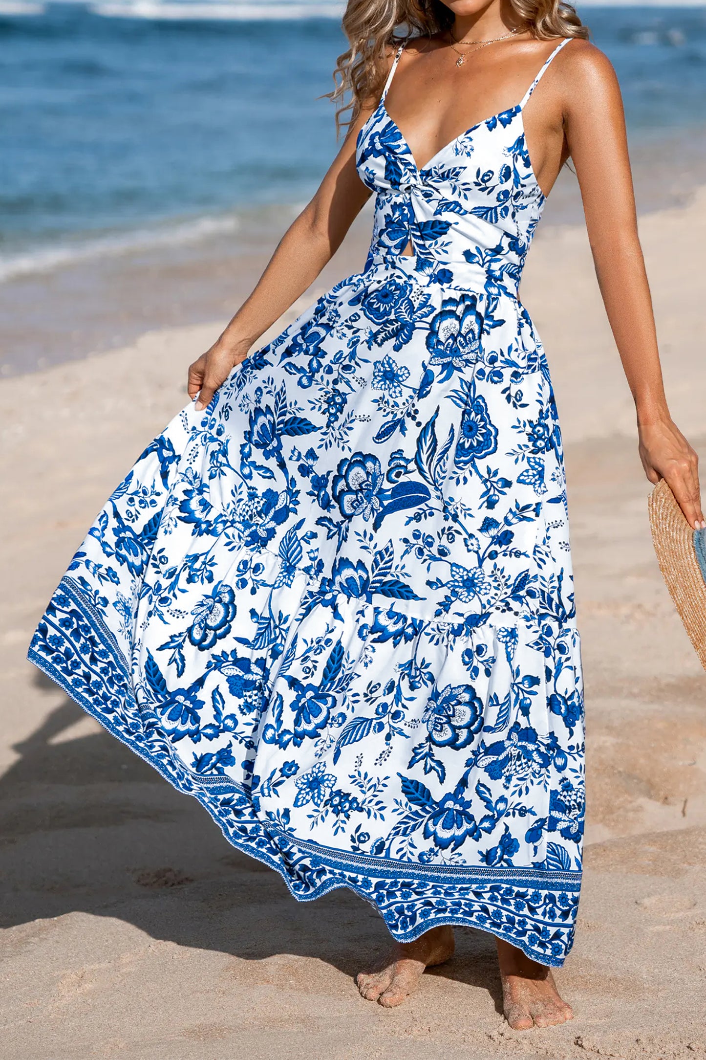 Sky Blue Twisted Bust Spaghetti Straps Backless Floral Maxi Dress-Dresses/Floral Dresses-[Adult]-[Female]-2022 Online Blue Zone Planet