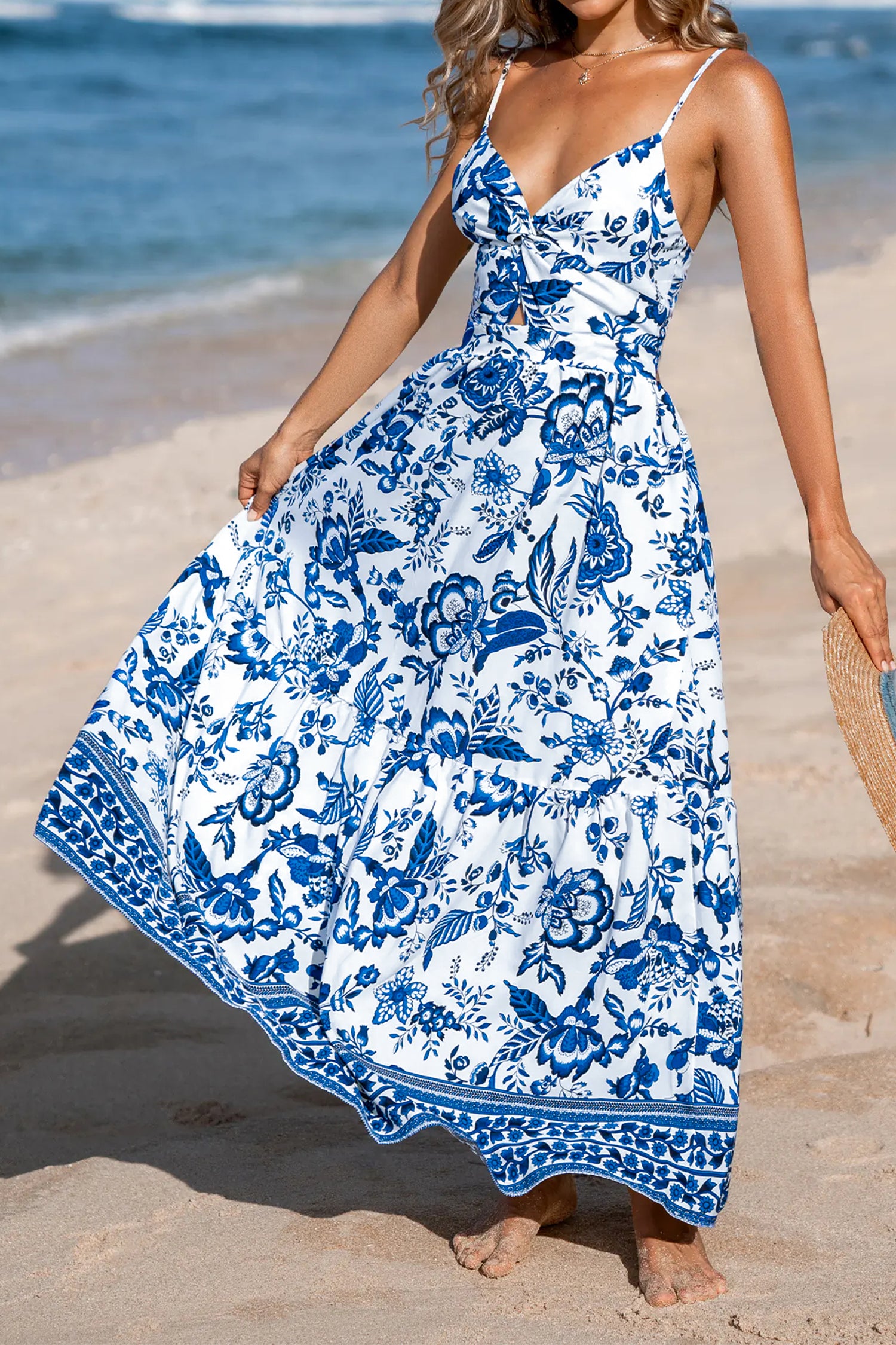 Sky Blue Twisted Bust Spaghetti Straps Backless Floral Maxi Dress-Dresses/Floral Dresses-[Adult]-[Female]-2022 Online Blue Zone Planet