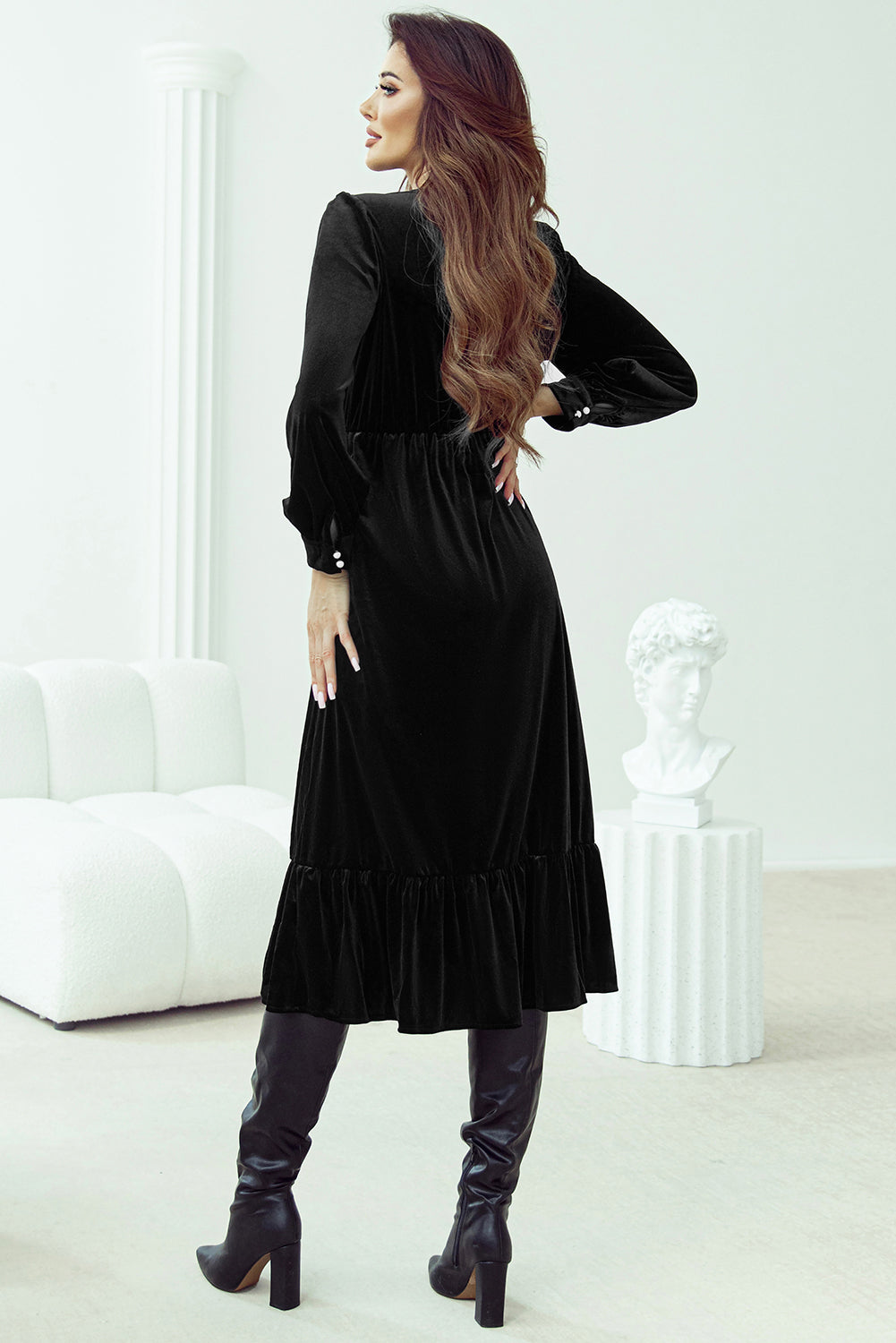 Blue Zone Planet | Black Velvet Buttoned Puff Sleeve V Neck Split Midi Dress-TOPS / DRESSES-[Adult]-[Female]-2022 Online Blue Zone Planet