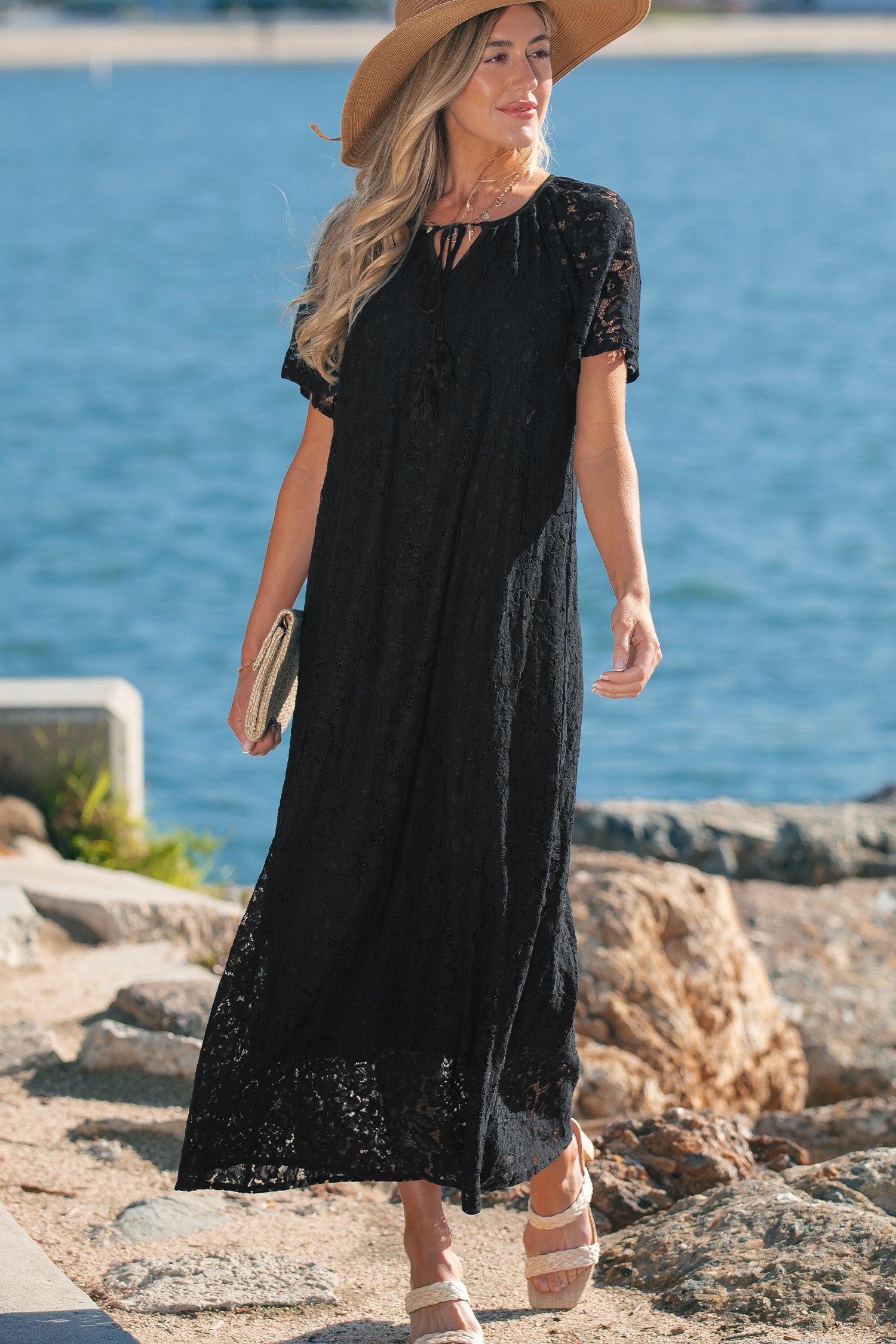 Black Floral Lace Overlay Tassel Tie Short Sleeve Beach Vacation Loose Maxi Dress-TOPS / DRESSES-[Adult]-[Female]-2022 Online Blue Zone Planet