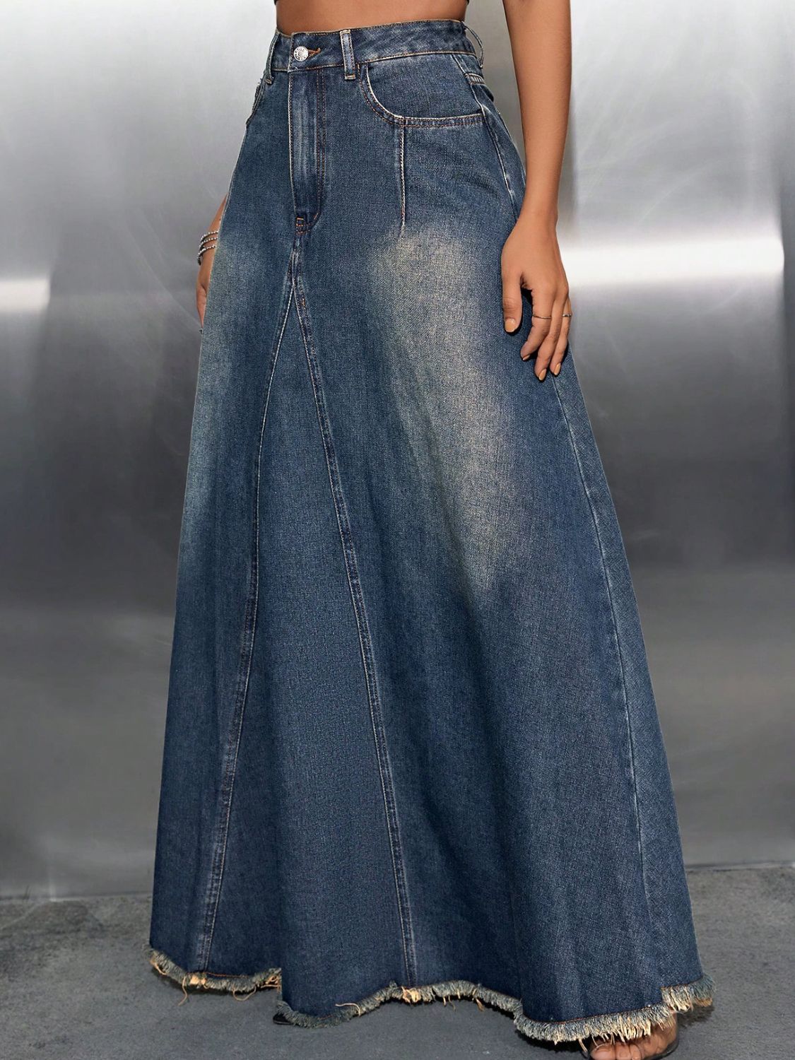 Raw Hem High Waist Denim Skirt with Pockets-[Adult]-[Female]-2022 Online Blue Zone Planet