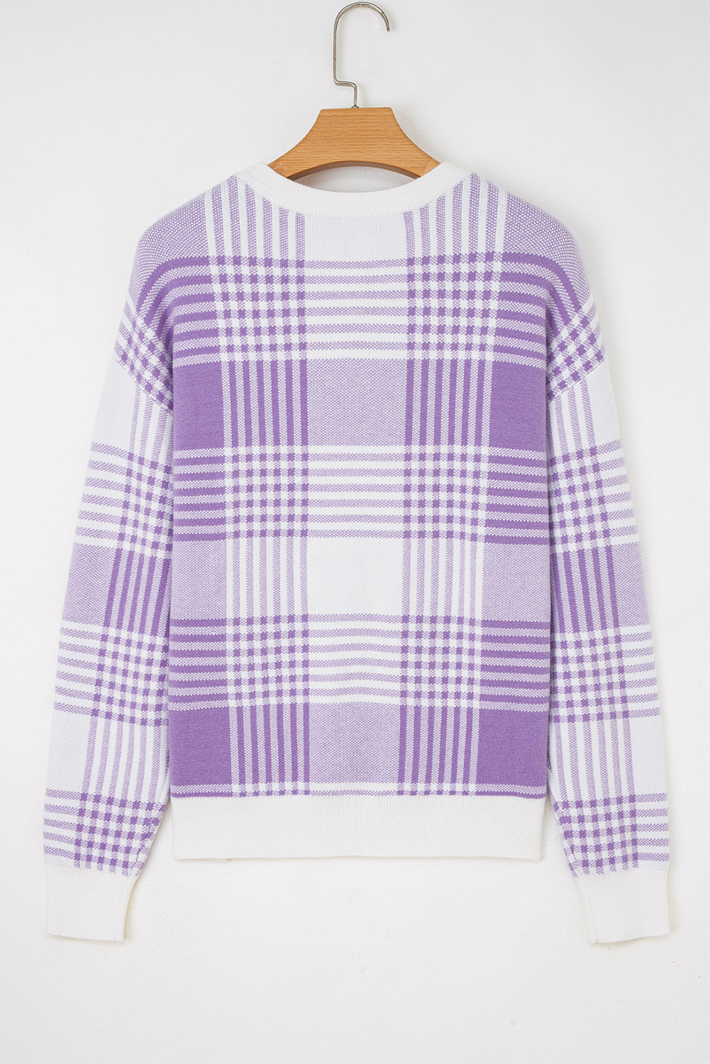 Lilac Plaid Print Ribbed Trim Loose Sweater-TOPS / DRESSES-[Adult]-[Female]-2022 Online Blue Zone Planet