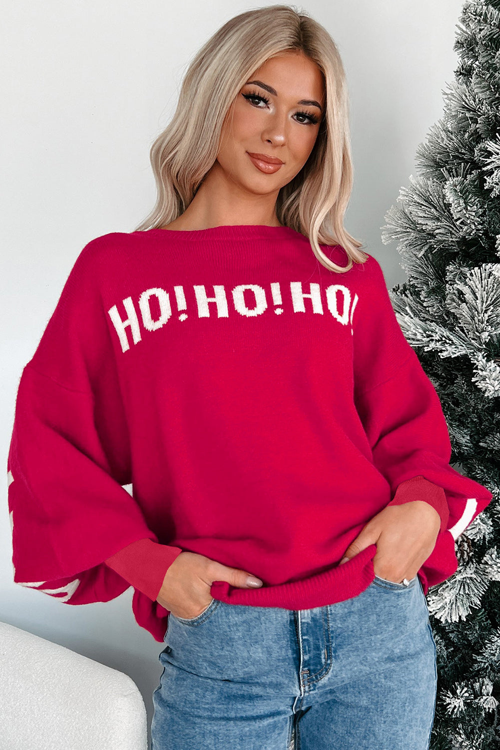 Fiery Red HO HO HO MERRY CHRISTMAS Drop Shoulder Loose Sweater-TOPS / DRESSES-[Adult]-[Female]-2022 Online Blue Zone Planet