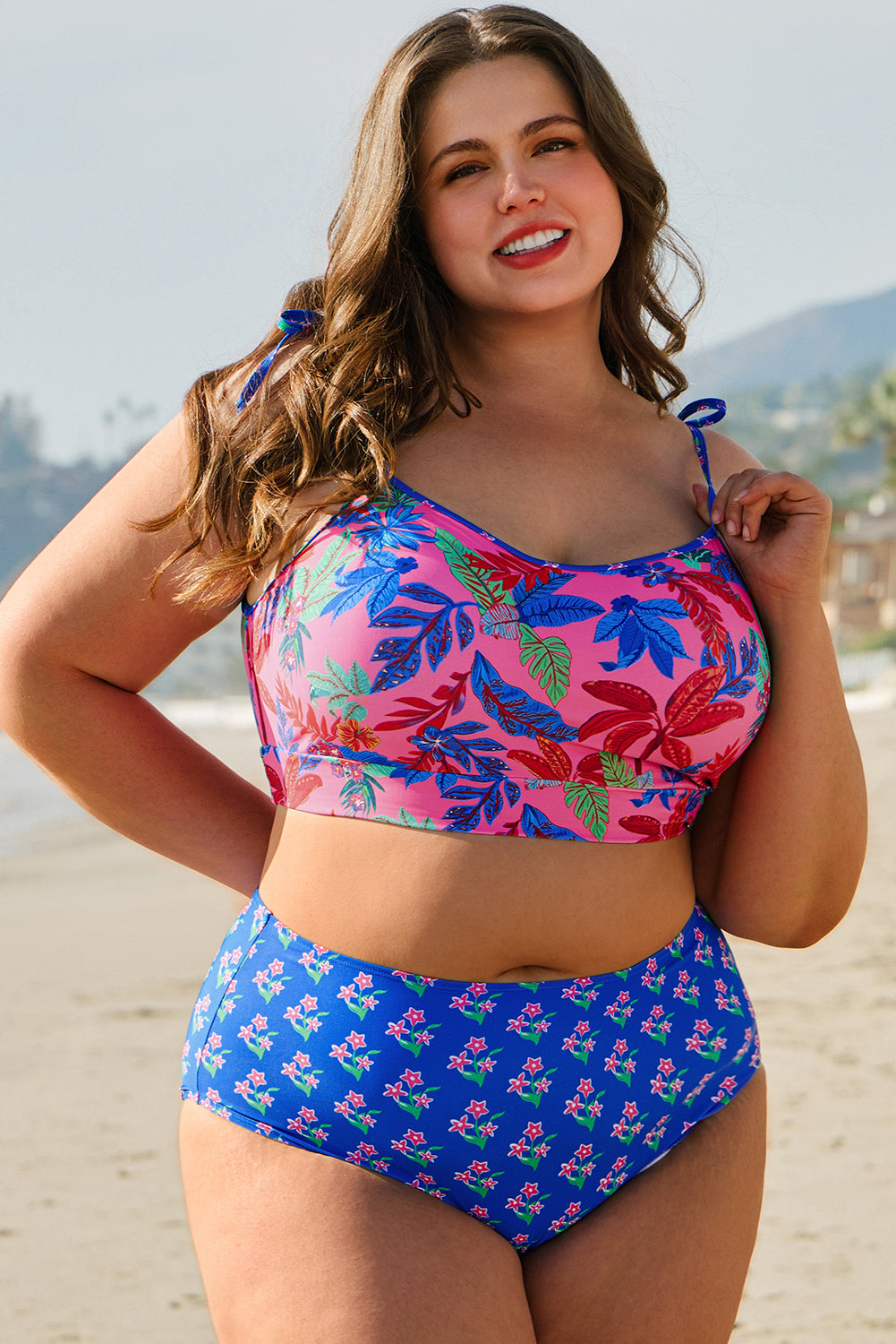 Blue Fashion Print Tied Straps Crop Vest and High Waist Plus Size Bikini-Plus Size/Plus Size Swimwear-[Adult]-[Female]-2022 Online Blue Zone Planet