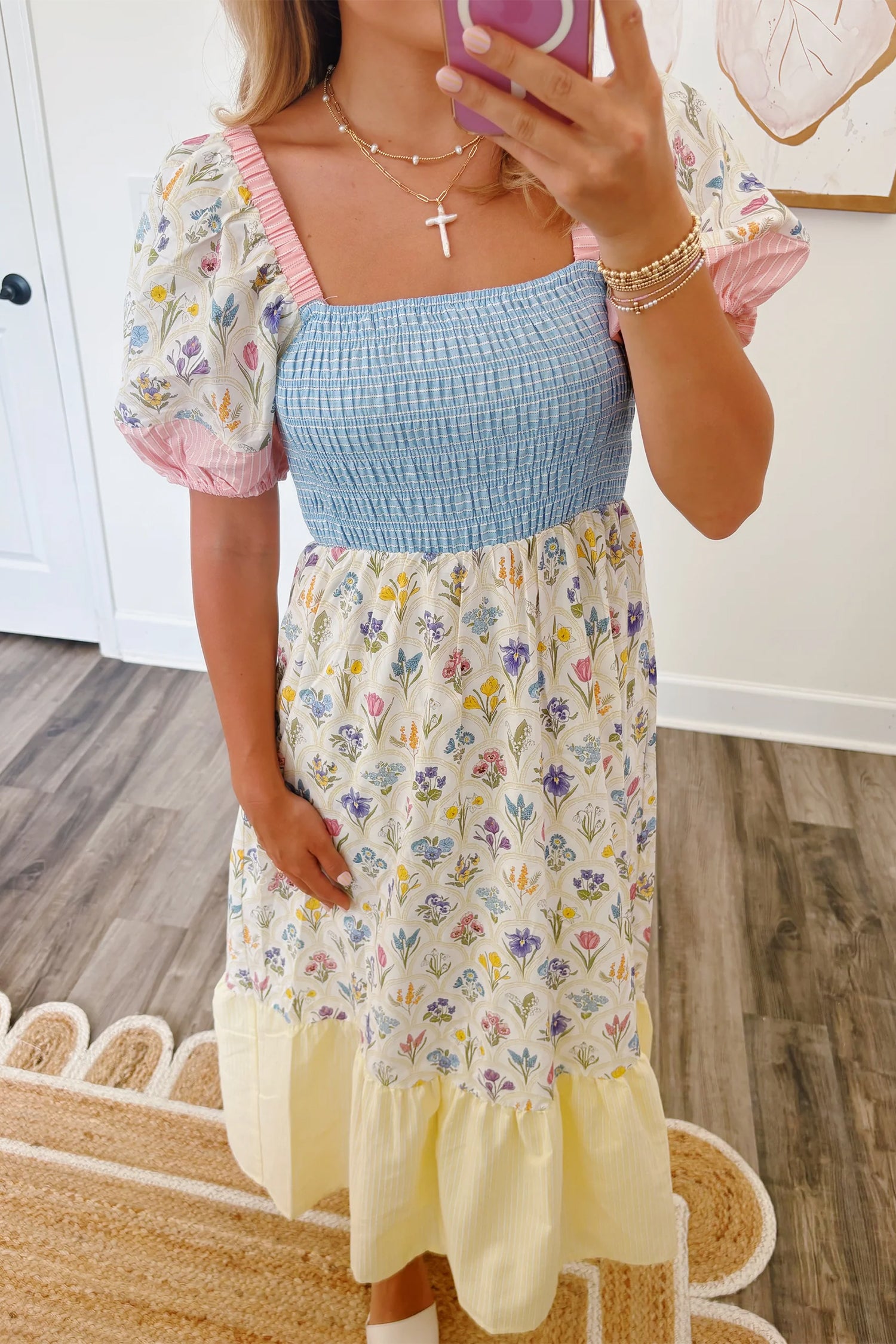 Multicolour Floral Print Striped Color Block Patchwork Square Neck Shirred Long Dress-Dresses/Floral Dresses-[Adult]-[Female]-2022 Online Blue Zone Planet
