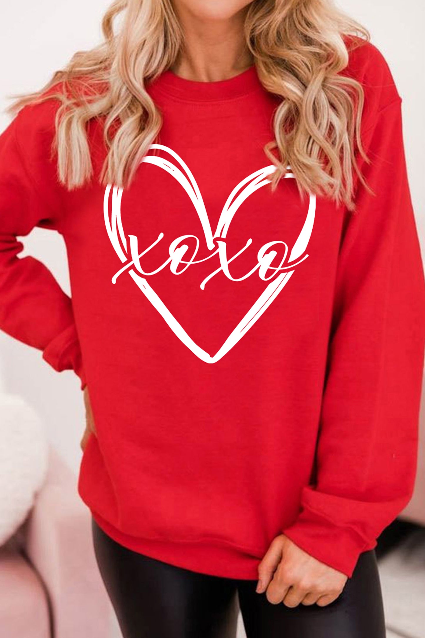 Red xoxo Valentines Heart Sketch Printed Pullover Sweatshirt-Graphic Sweatshirts-[Adult]-[Female]-2022 Online Blue Zone Planet