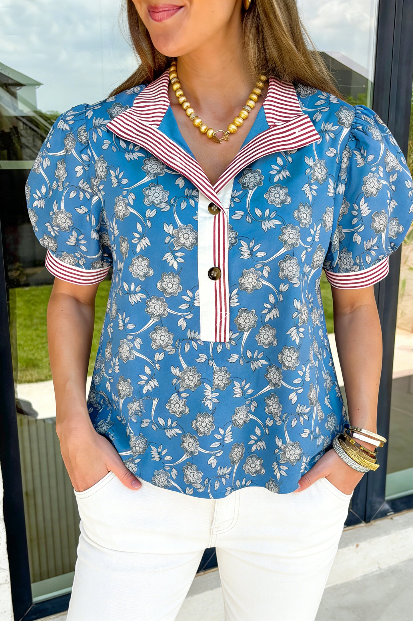 Blue Retro Floral Print Striped Trim Button Neck Short Sleeve Blouse-Tops/Blouses & Shirts-[Adult]-[Female]-Blue-S-2022 Online Blue Zone Planet