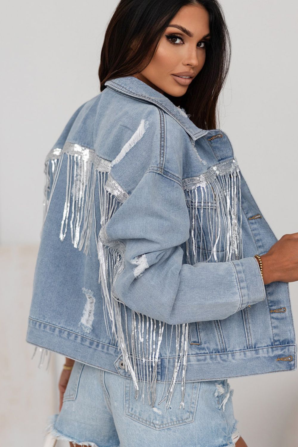 Sequin Fringe Trim Distressed Button Up Denim Jacket-TOPS / DRESSES-[Adult]-[Female]-2022 Online Blue Zone Planet