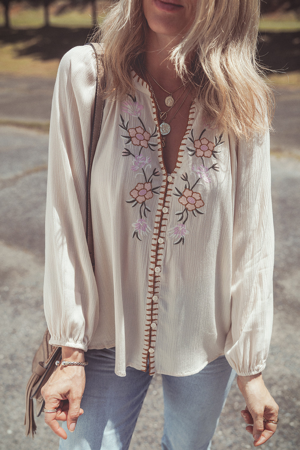 Beige Floral Embroidered Textured Puff Sleeve Loose Shirt-Tops/Blouses & Shirts-[Adult]-[Female]-2022 Online Blue Zone Planet