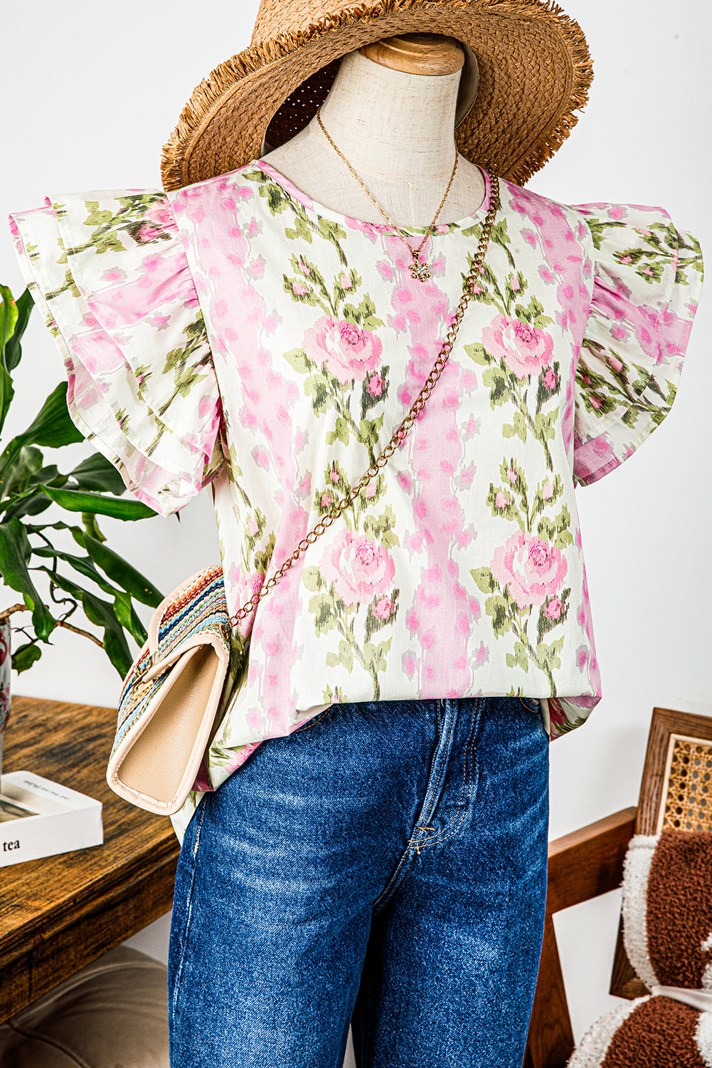 Pink Floral Print Ruffled Sleeve Summer Top-Tops/Blouses & Shirts-[Adult]-[Female]-2022 Online Blue Zone Planet
