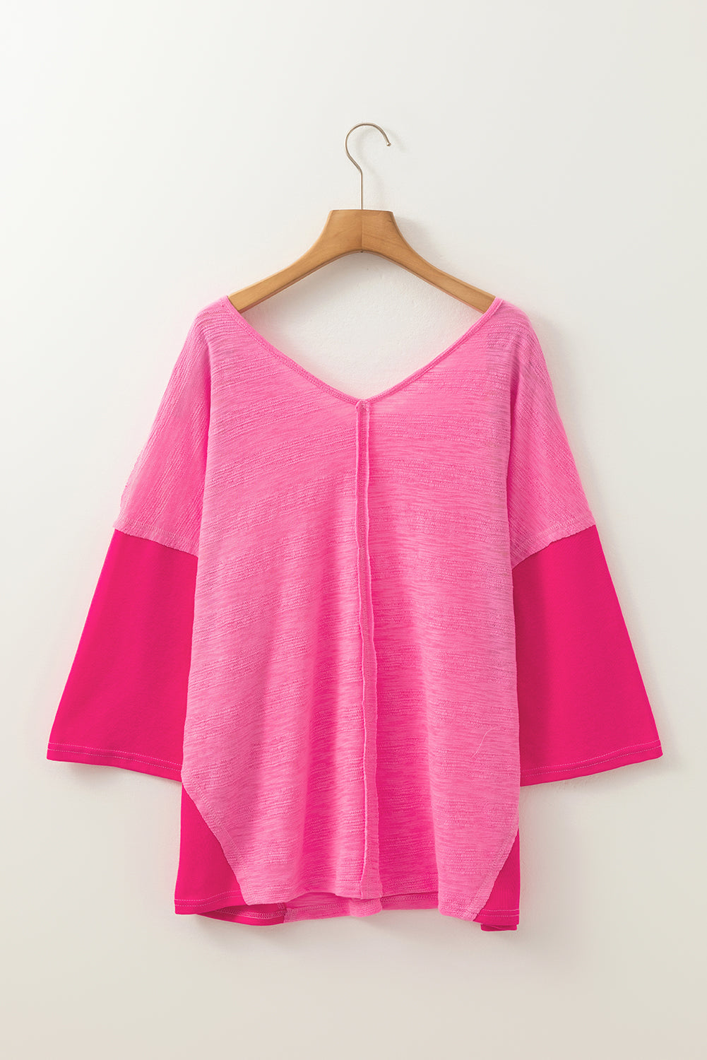 Sachet Pink V-Neck Exposed Seam Patchwork Top-T Shirts-[Adult]-[Female]-2022 Online Blue Zone Planet