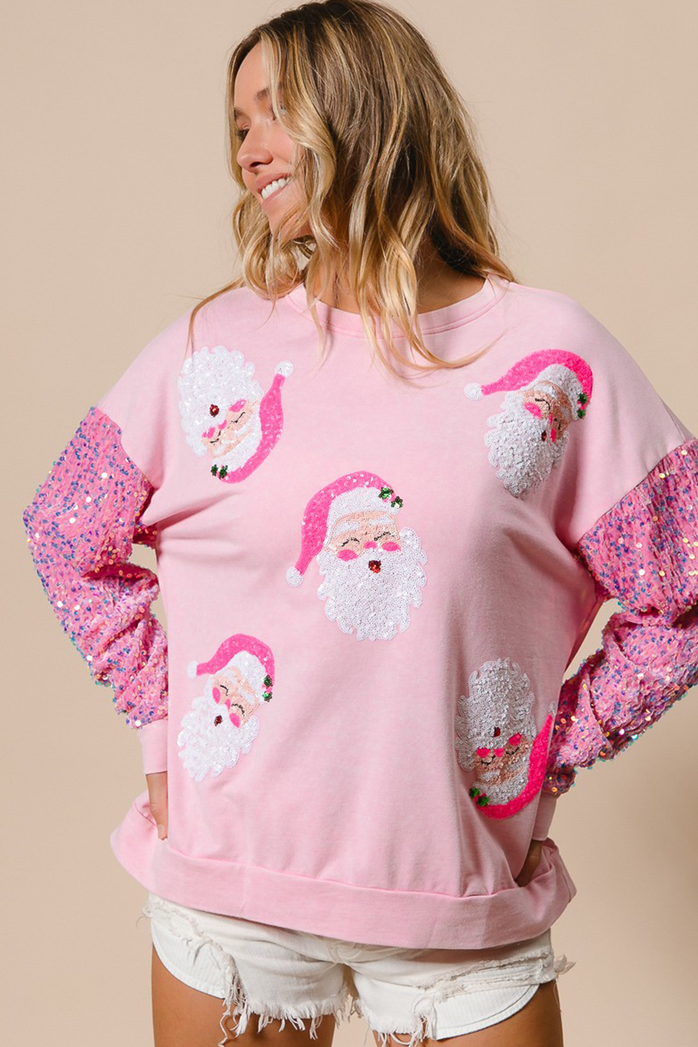 Blue Zone Planet | Pink Sequined Santa Claus Long Sleeve Christmas Sweatshirt-Sweatshirts & Hoodies-[Adult]-[Female]-2022 Online Blue Zone Planet