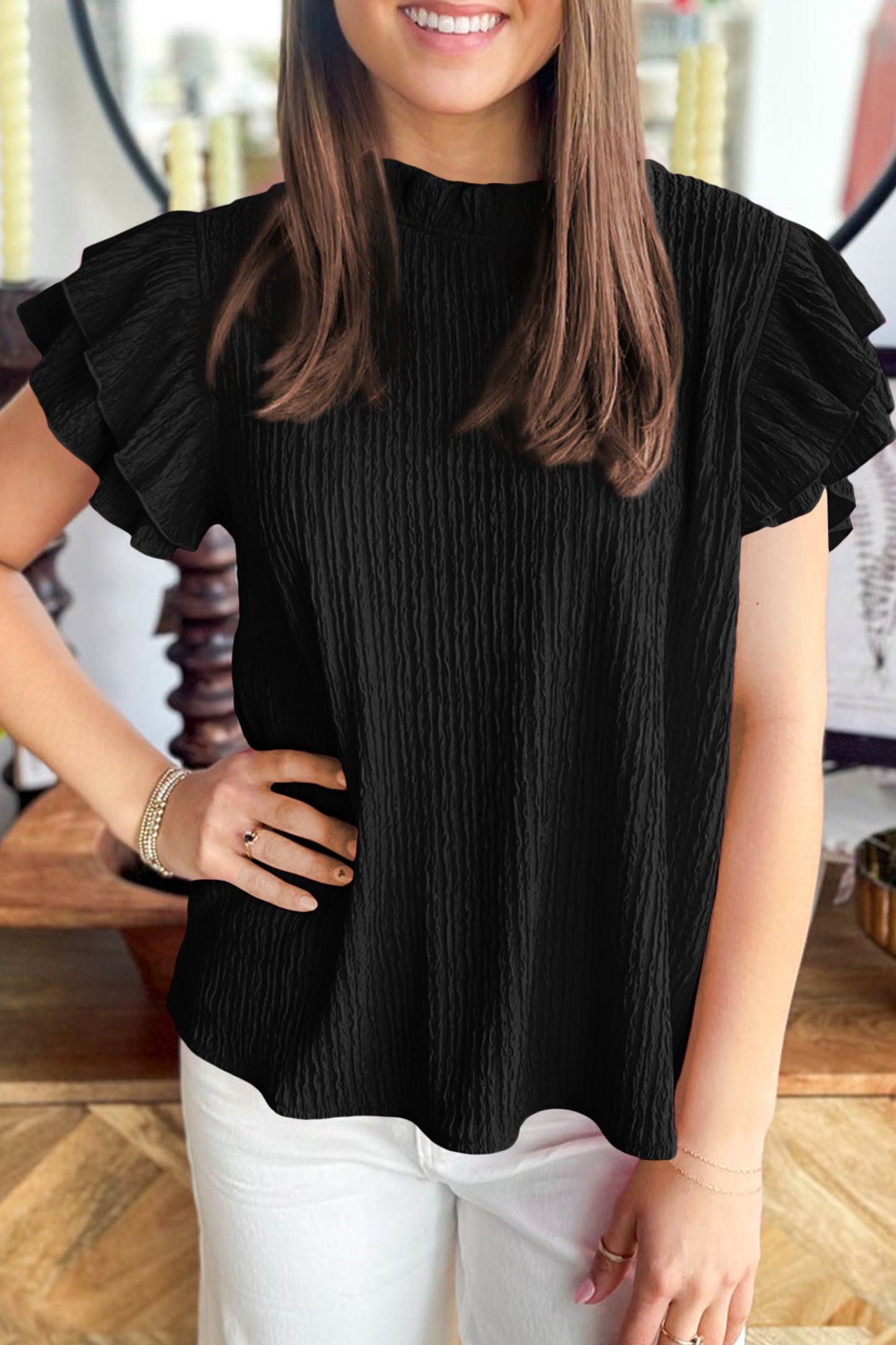 White Solid Color Textured Ruffle Trim Short Sleeve Blouse-Tops/Blouses & Shirts-[Adult]-[Female]-Black-S-2022 Online Blue Zone Planet