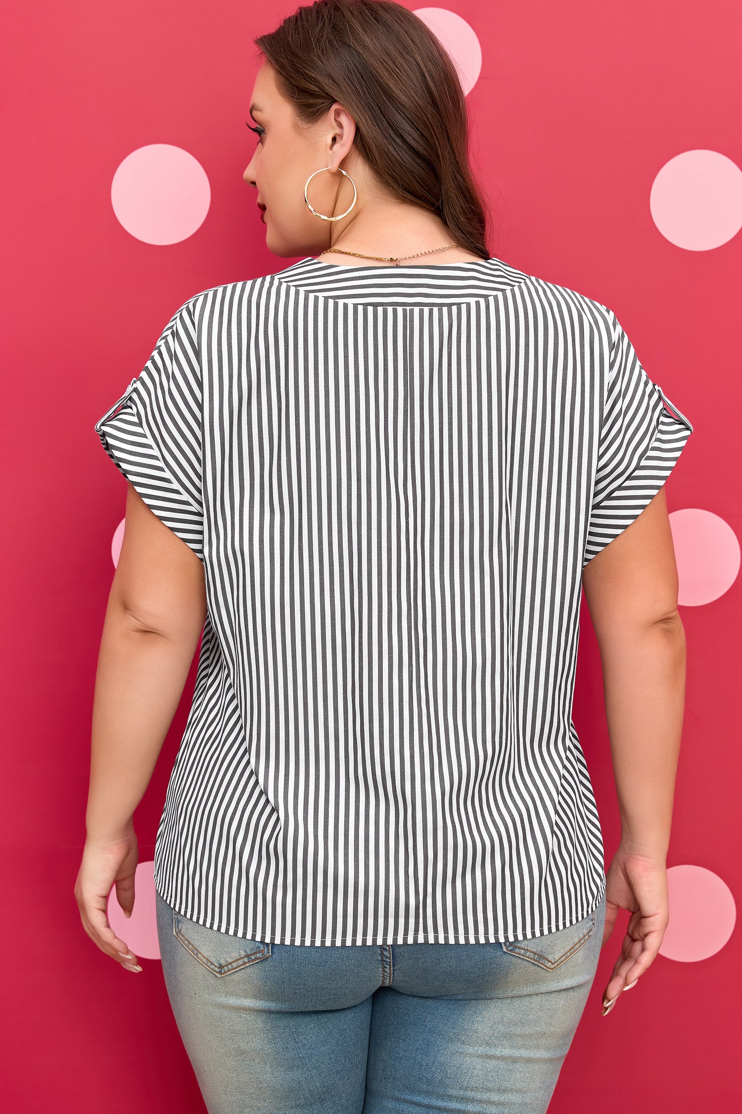Black Stripe Plus Size V Neck Roll-Tab Short Dolman Sleeve Blouse-Plus Size/Plus Size Tops/Plus Size Blouses & Shirts-[Adult]-[Female]-2022 Online Blue Zone Planet