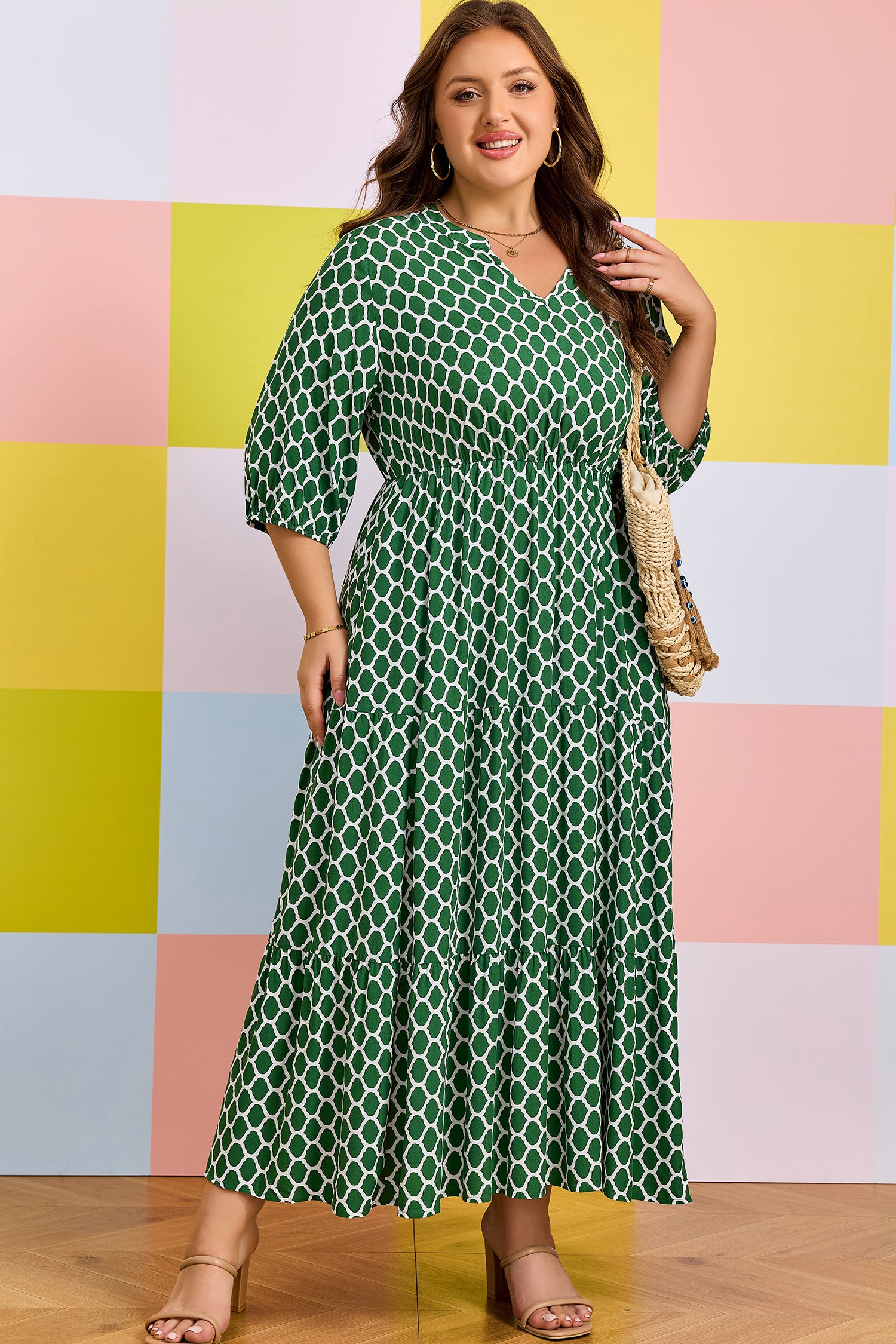 Green Plus Size Geometric Print Pocketed Ruffle Hem Casual Dress-Plus Size/Plus Size Dresses/Plus Size Maxi Dresses-[Adult]-[Female]-2022 Online Blue Zone Planet