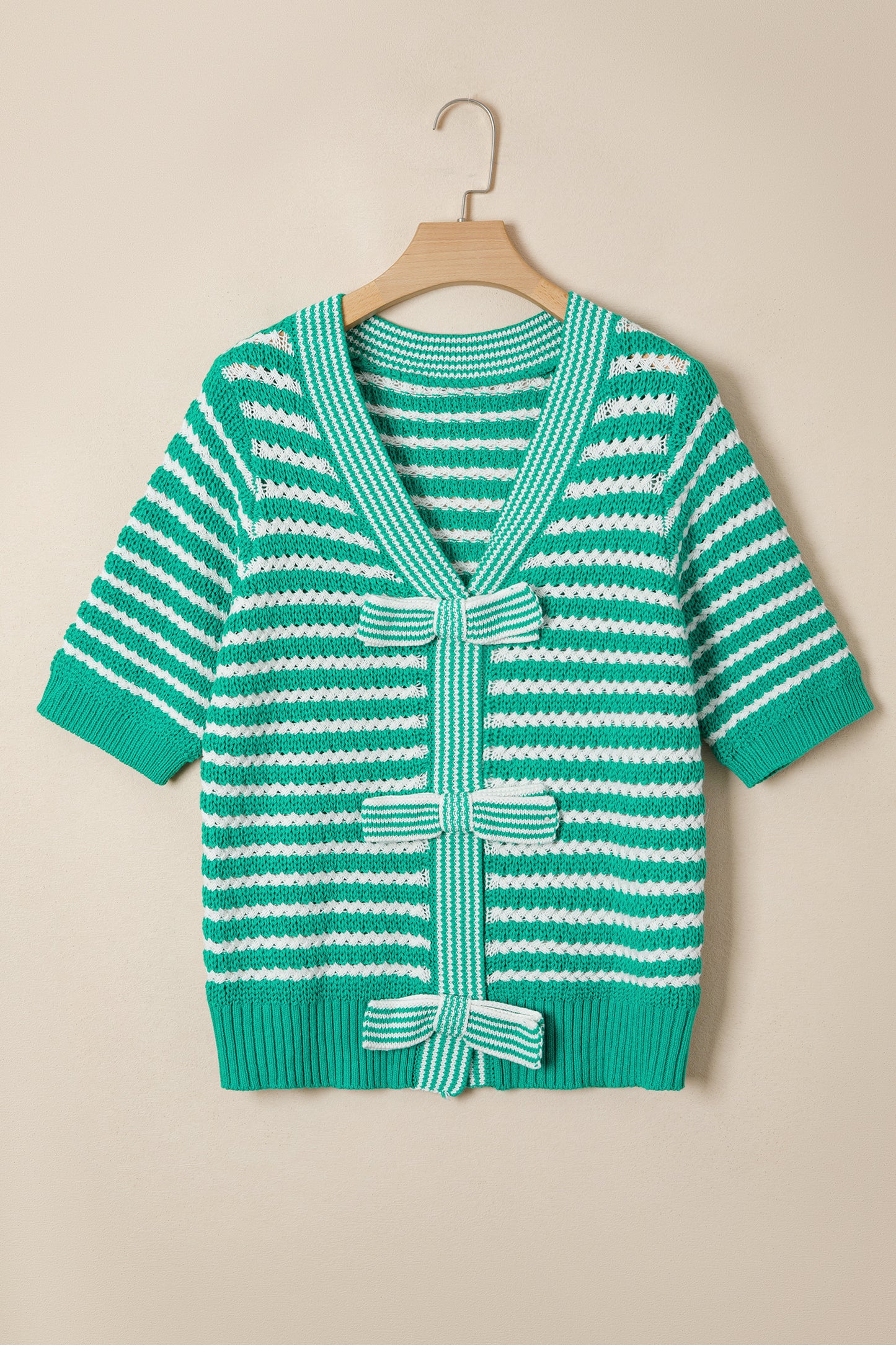 Green Stripe Short Sleeve Knit V Neck Bow Knot Sweater-TOPS / DRESSES-[Adult]-[Female]-2022 Online Blue Zone Planet