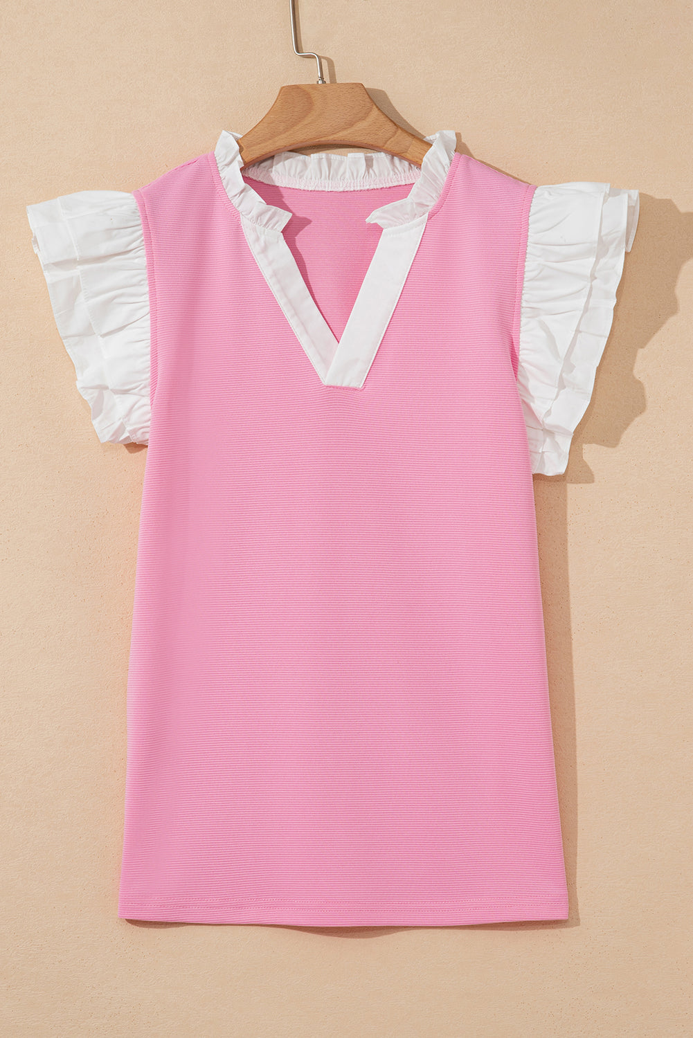 Pink Contrast V Neck Ruffled Textured Knit Top-Tops/Blouses & Shirts-[Adult]-[Female]-2022 Online Blue Zone Planet