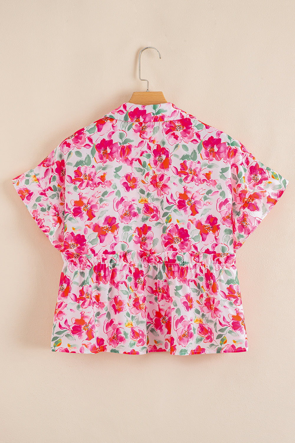 Pink Floral Boxy Fit Ruffled Short Sleeve V Neck Blouse-Tops/Blouses & Shirts-[Adult]-[Female]-2022 Online Blue Zone Planet