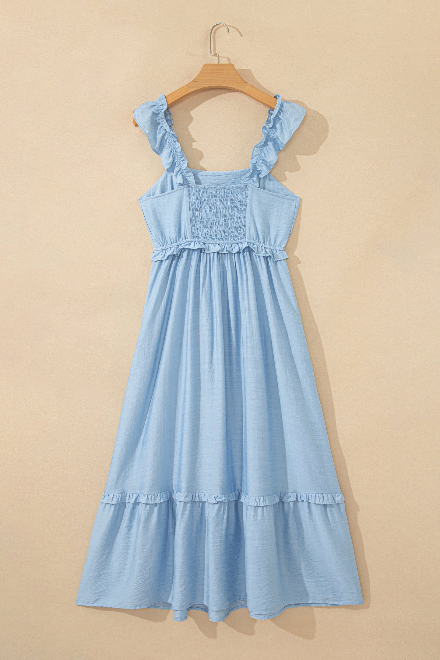 Beau Blue Solid Color Ruffle Trim High Waist Sleeveless Maxi Dress-TOPS / DRESSES-[Adult]-[Female]-2022 Online Blue Zone Planet