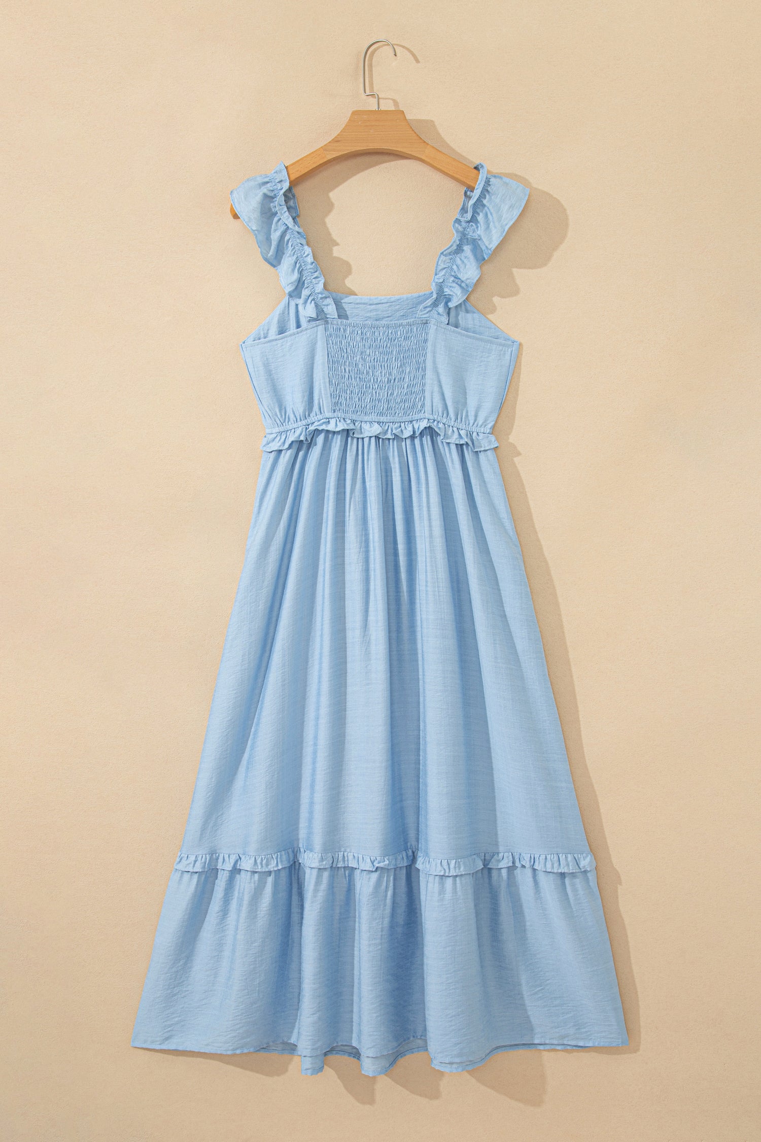 Beau Blue Solid Color Ruffle Trim High Waist Sleeveless Maxi Dress-TOPS / DRESSES-[Adult]-[Female]-2022 Online Blue Zone Planet