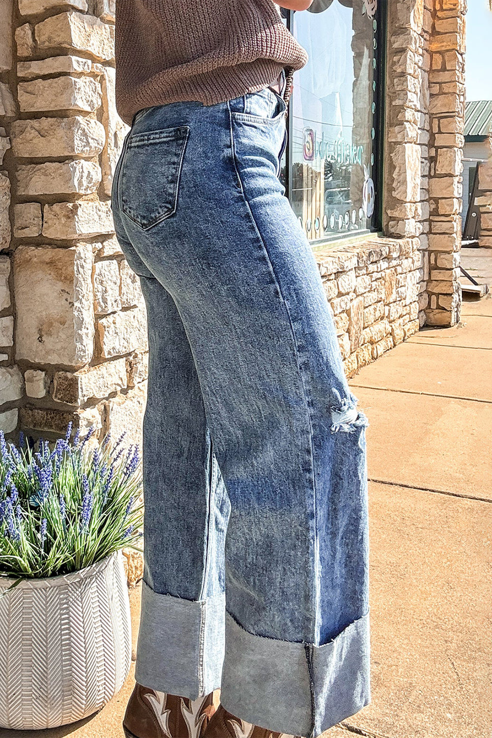 Ashleigh Blue Mineral Wash Bottom Cuff Distressed Wide Leg Jeans-Bottoms/Jeans-[Adult]-[Female]-2022 Online Blue Zone Planet