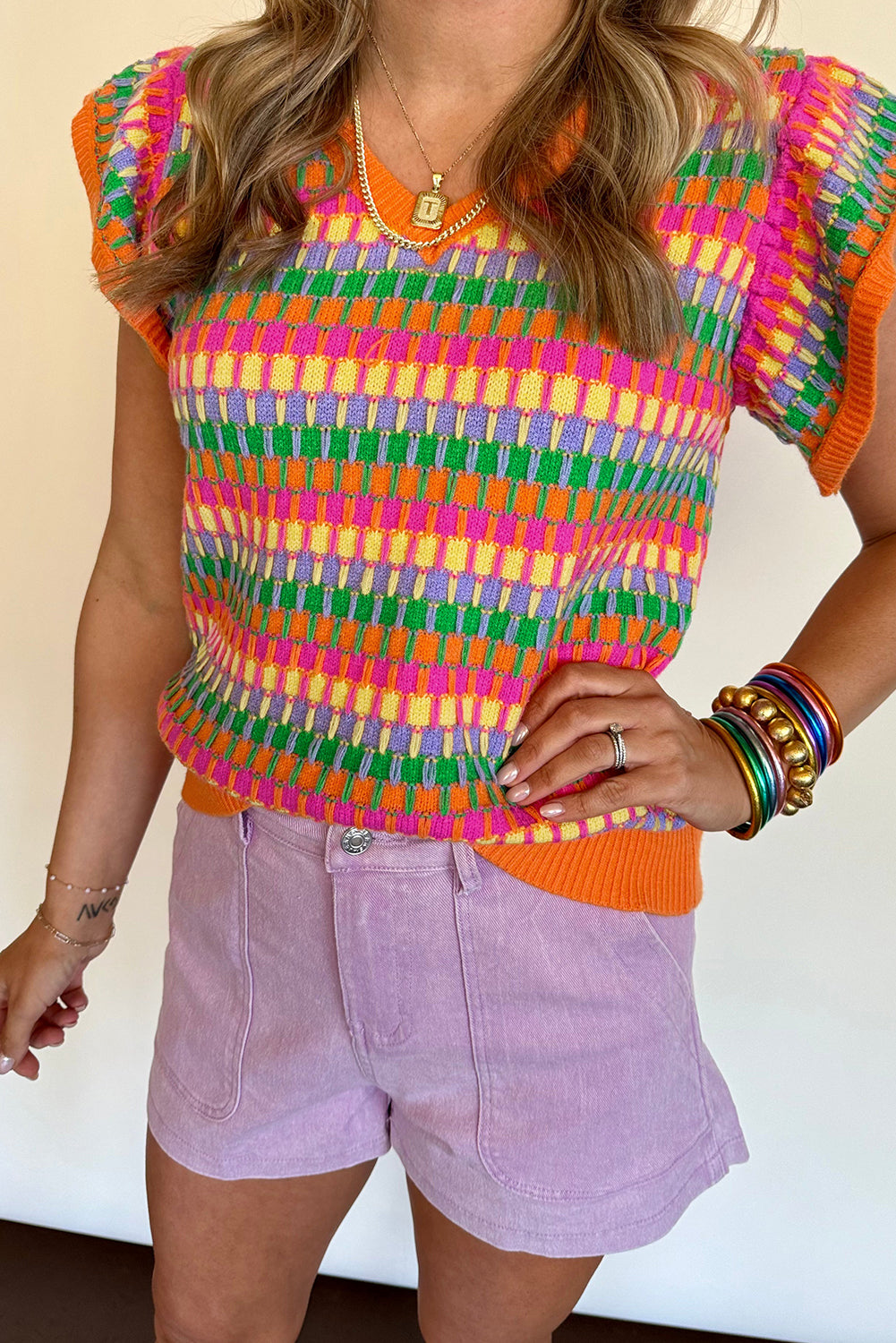 Orange Multi Flutter Sleeve Knitted Sweater Top-Sweaters & Cardigans/Short Sleeve Sweaters-[Adult]-[Female]-2022 Online Blue Zone Planet