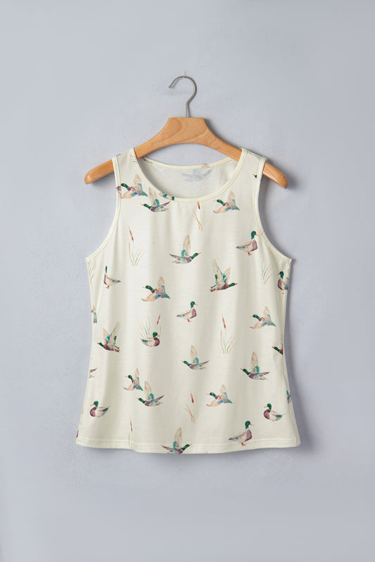 Beige Mallard Print Western Style Tank Top-Tops/Tank Tops-[Adult]-[Female]-2022 Online Blue Zone Planet