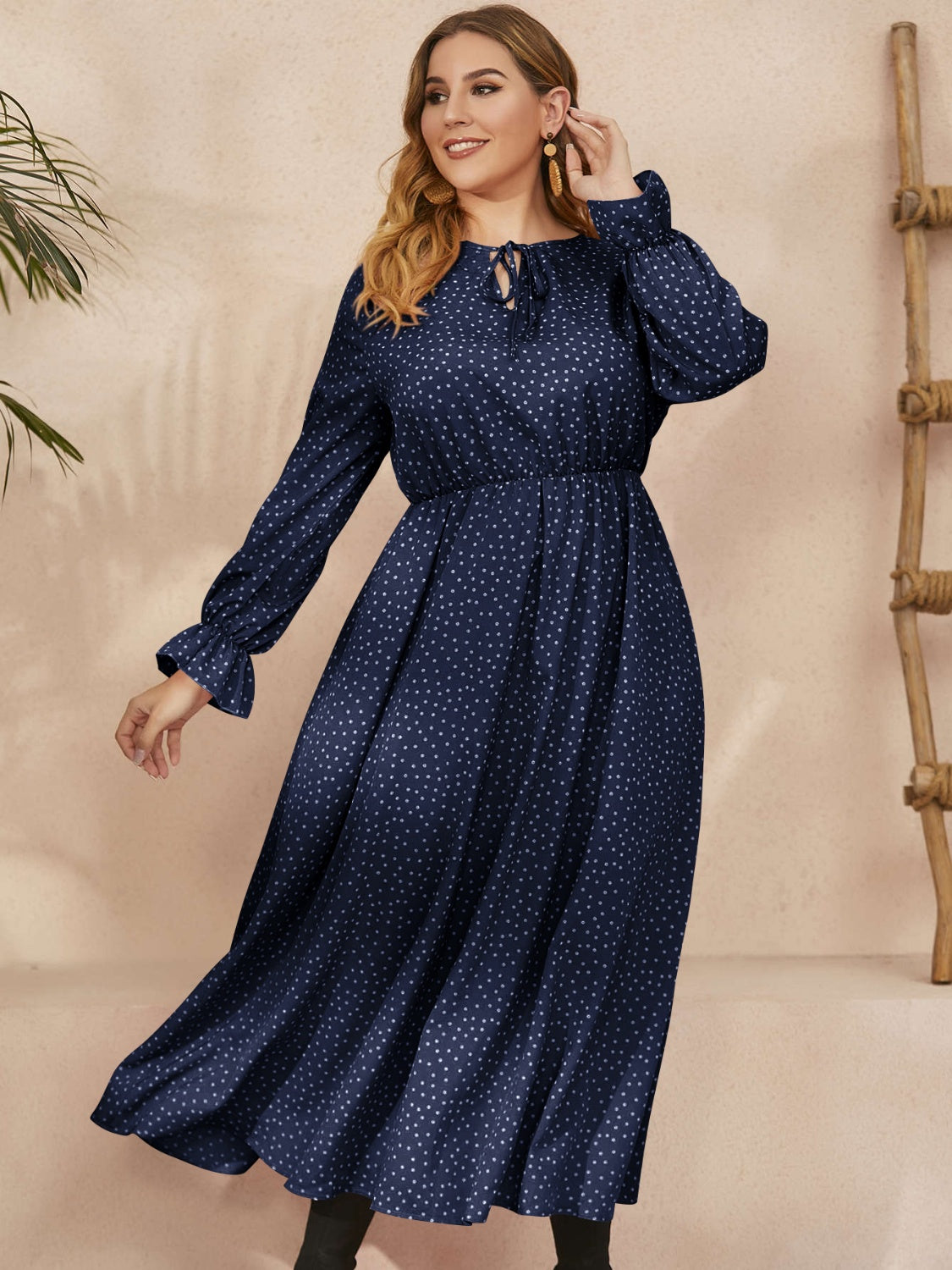 Plus Size Ruffled Polka Dot Long Sleeve Midi Dress-TOPS / DRESSES-[Adult]-[Female]-2022 Online Blue Zone Planet