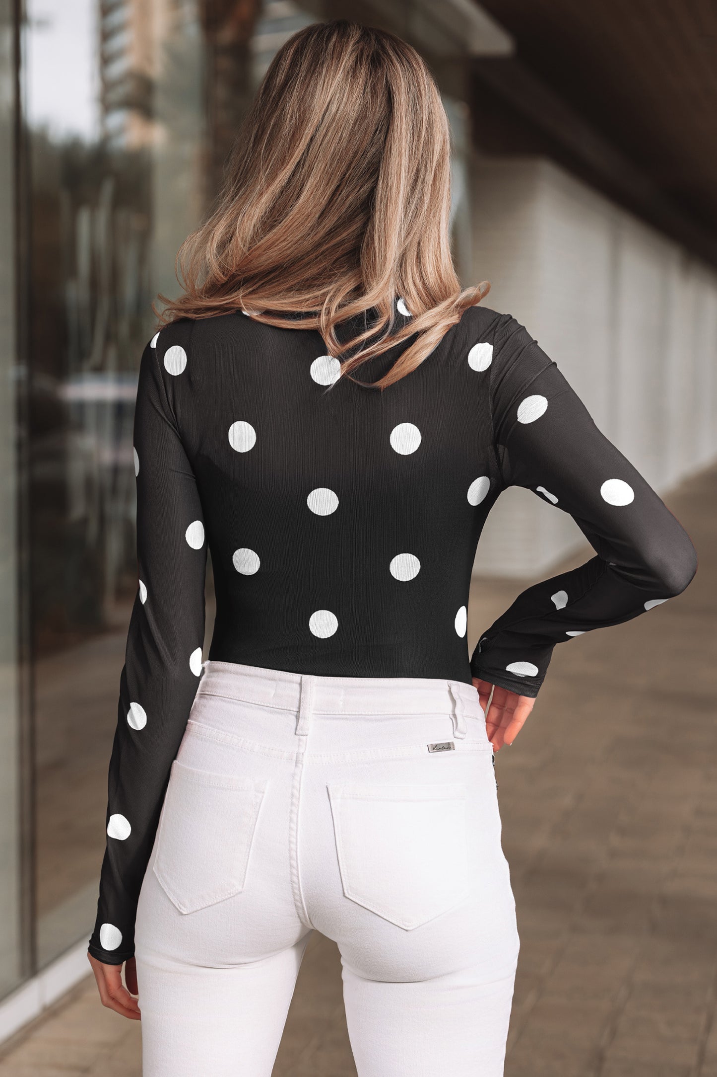 Black Vintage Polka Dot Print Mesh Long Sleeve Bodysuit-Tops/Bodysuits-[Adult]-[Female]-2022 Online Blue Zone Planet