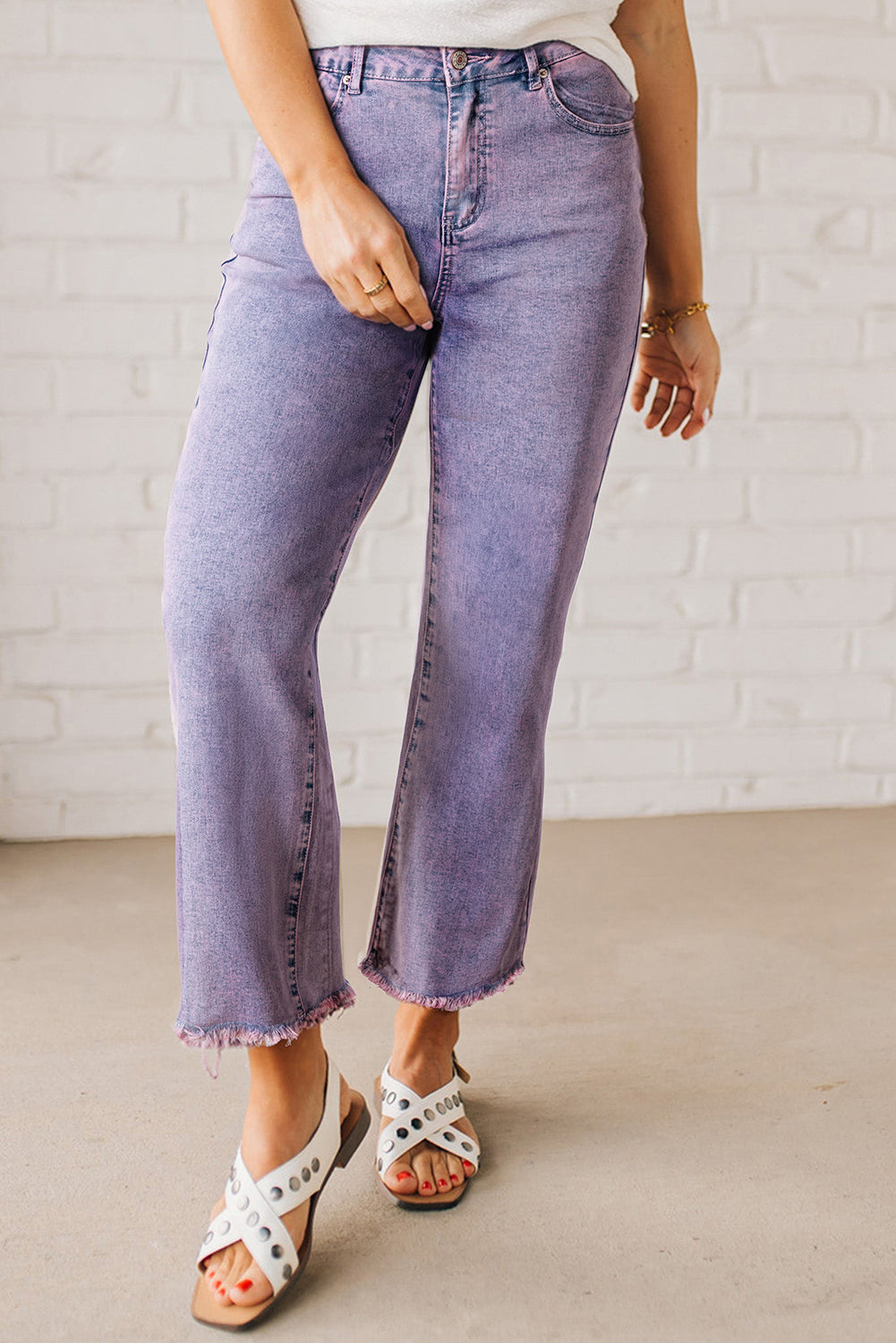 Orchid Petal Vintage Wash Frayed Hem Ankle-length Jeans-Bottoms/Jeans-[Adult]-[Female]-Orchid Petal-4-2022 Online Blue Zone Planet