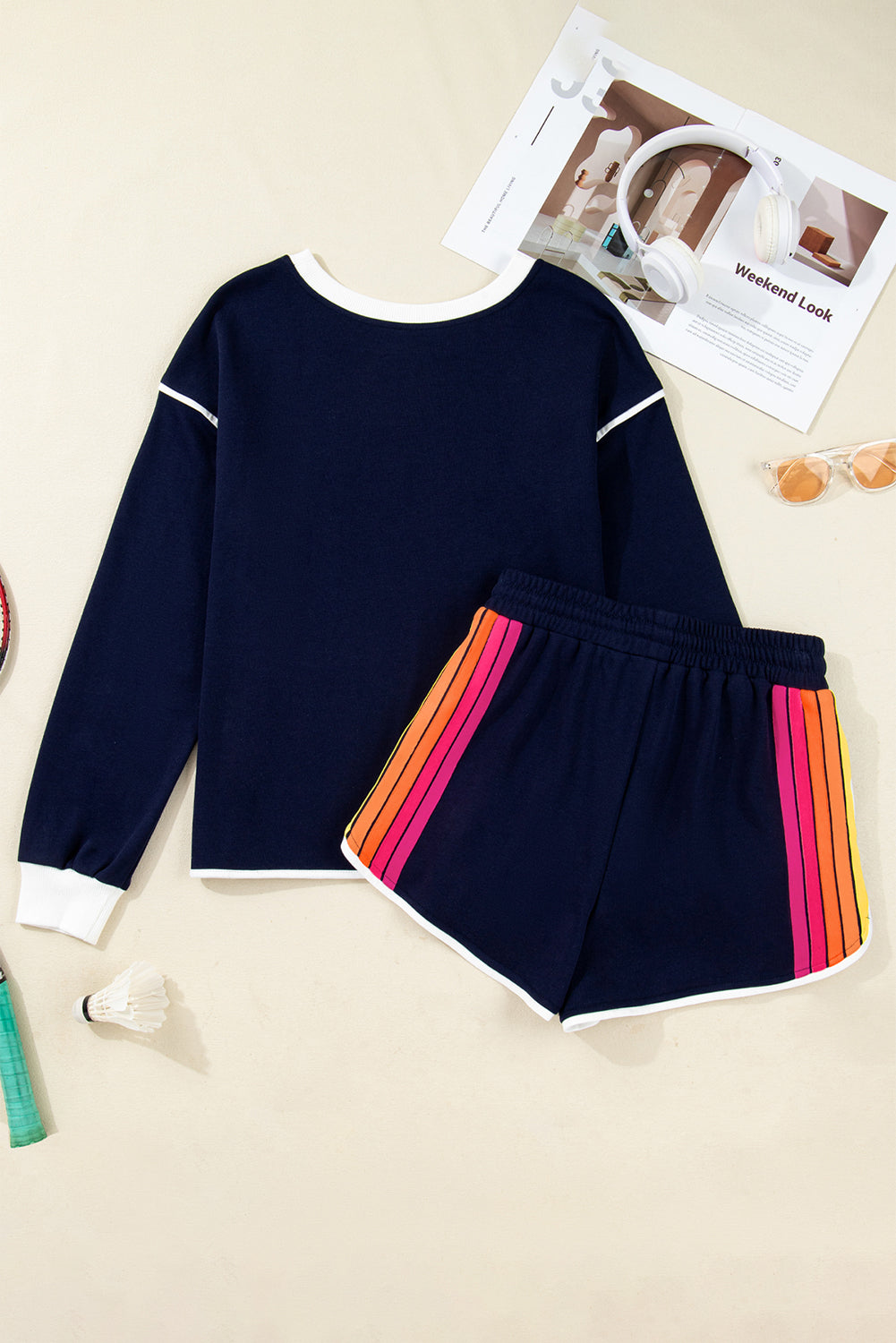 Bluing Colorful Striped Accent Varsity Long Sleeve Pullover and Shorts Matching Set-Two Piece Sets/Short Sets-[Adult]-[Female]-2022 Online Blue Zone Planet