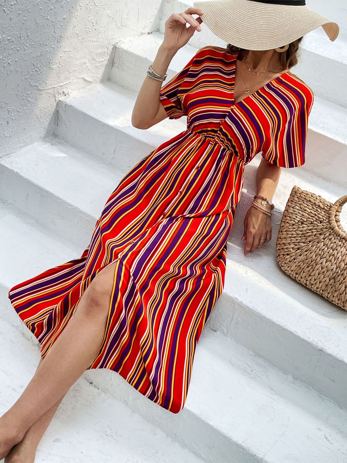 Slit Striped V-Neck Short Sleeve Midi Dress-TOPS / DRESSES-[Adult]-[Female]-2022 Online Blue Zone Planet