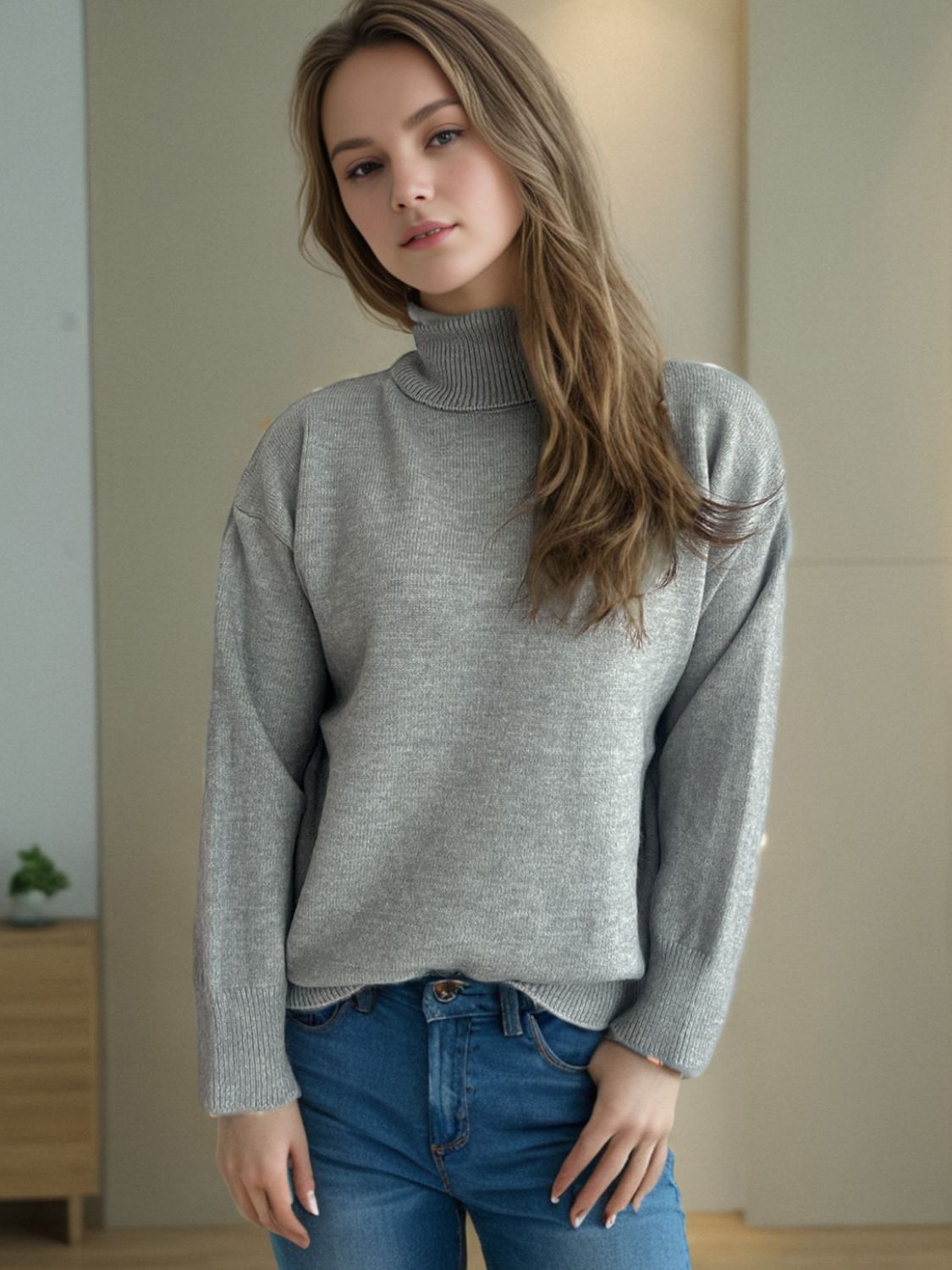 Blue Zone Planet | Turtleneck Dropped Shoulder Long Sleeve Sweater-TOPS / DRESSES-[Adult]-[Female]-2022 Online Blue Zone Planet