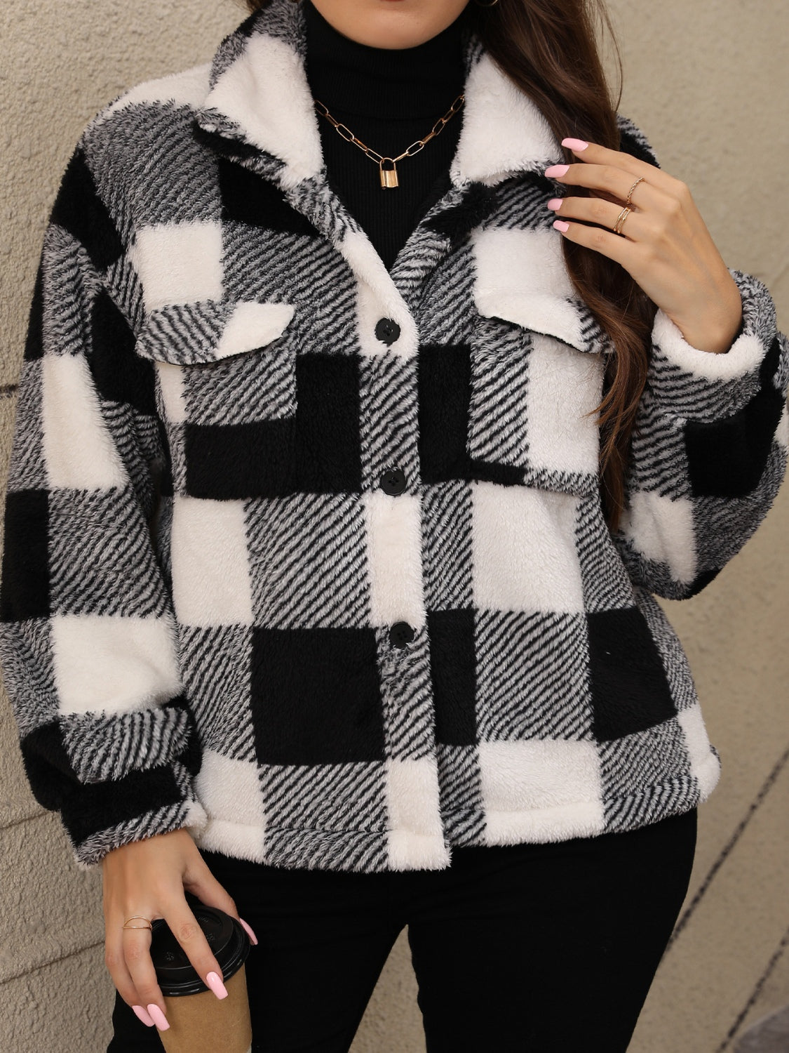 Plus Size Pocketed Plaid Collared Neck Jacket-TOPS / DRESSES-[Adult]-[Female]-2022 Online Blue Zone Planet