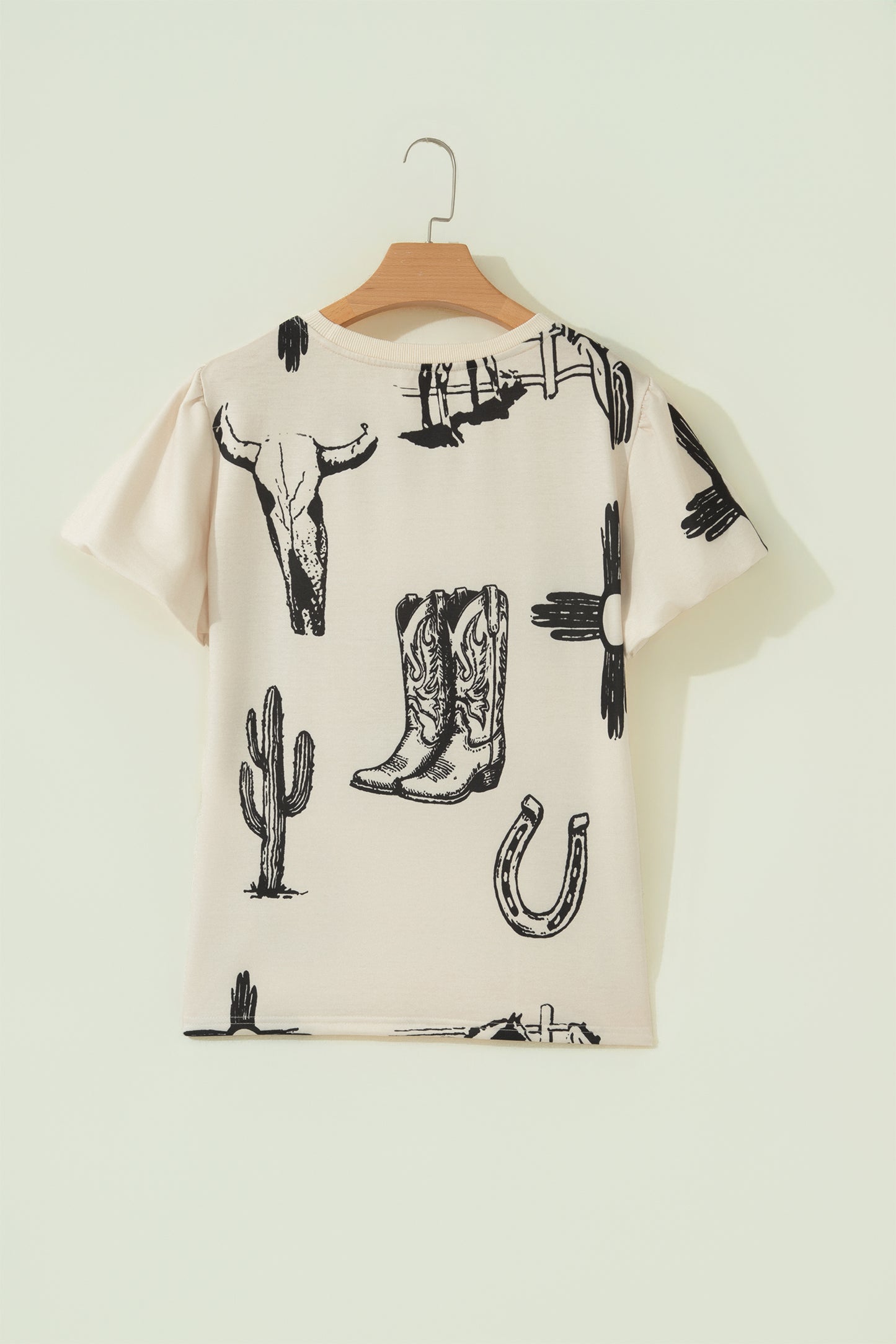 Beige Retro Western Print T Shirt-Tops/Tops & Tees-[Adult]-[Female]-2022 Online Blue Zone Planet