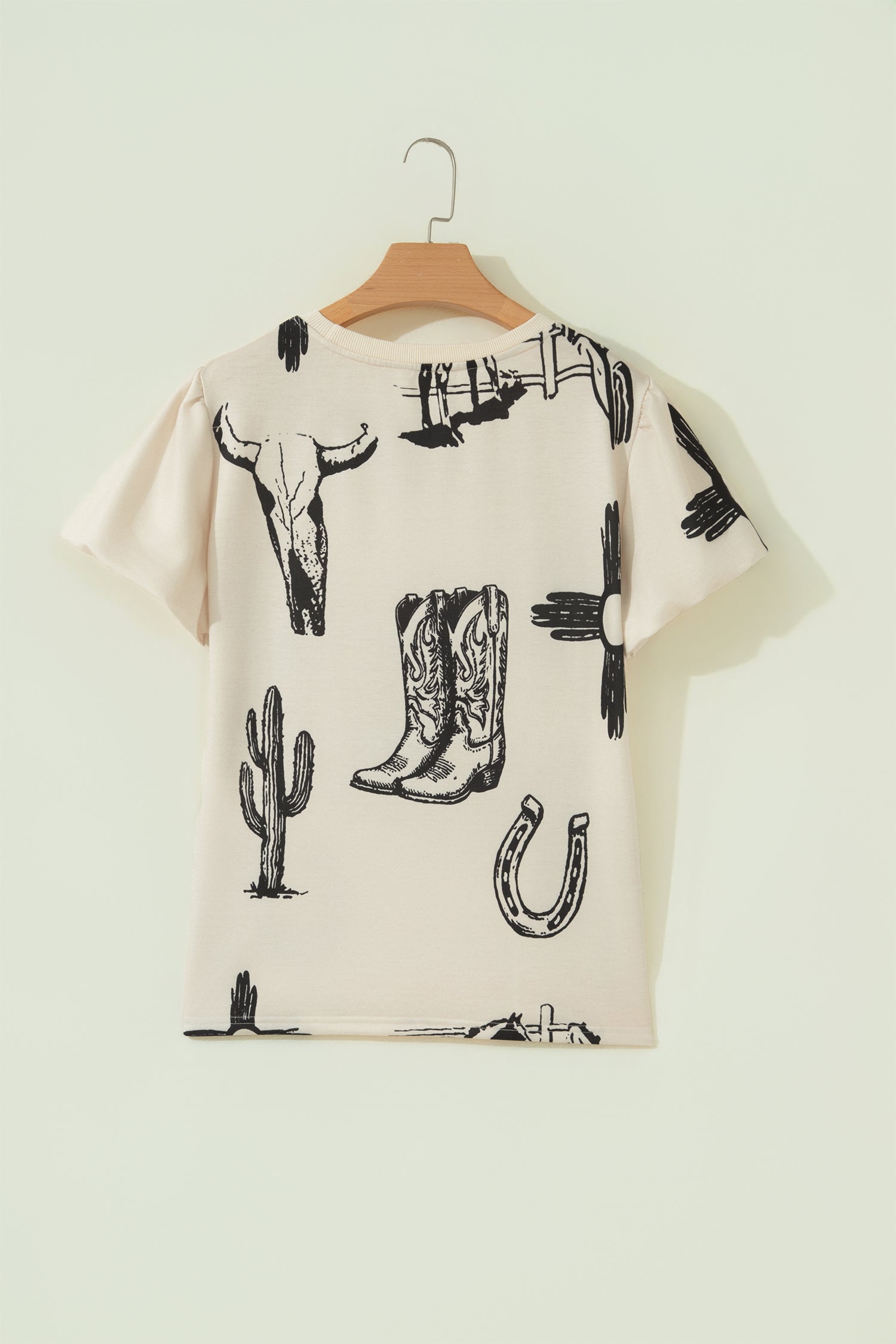 Beige Retro Western Print T Shirt-Tops/Tops & Tees-[Adult]-[Female]-2022 Online Blue Zone Planet